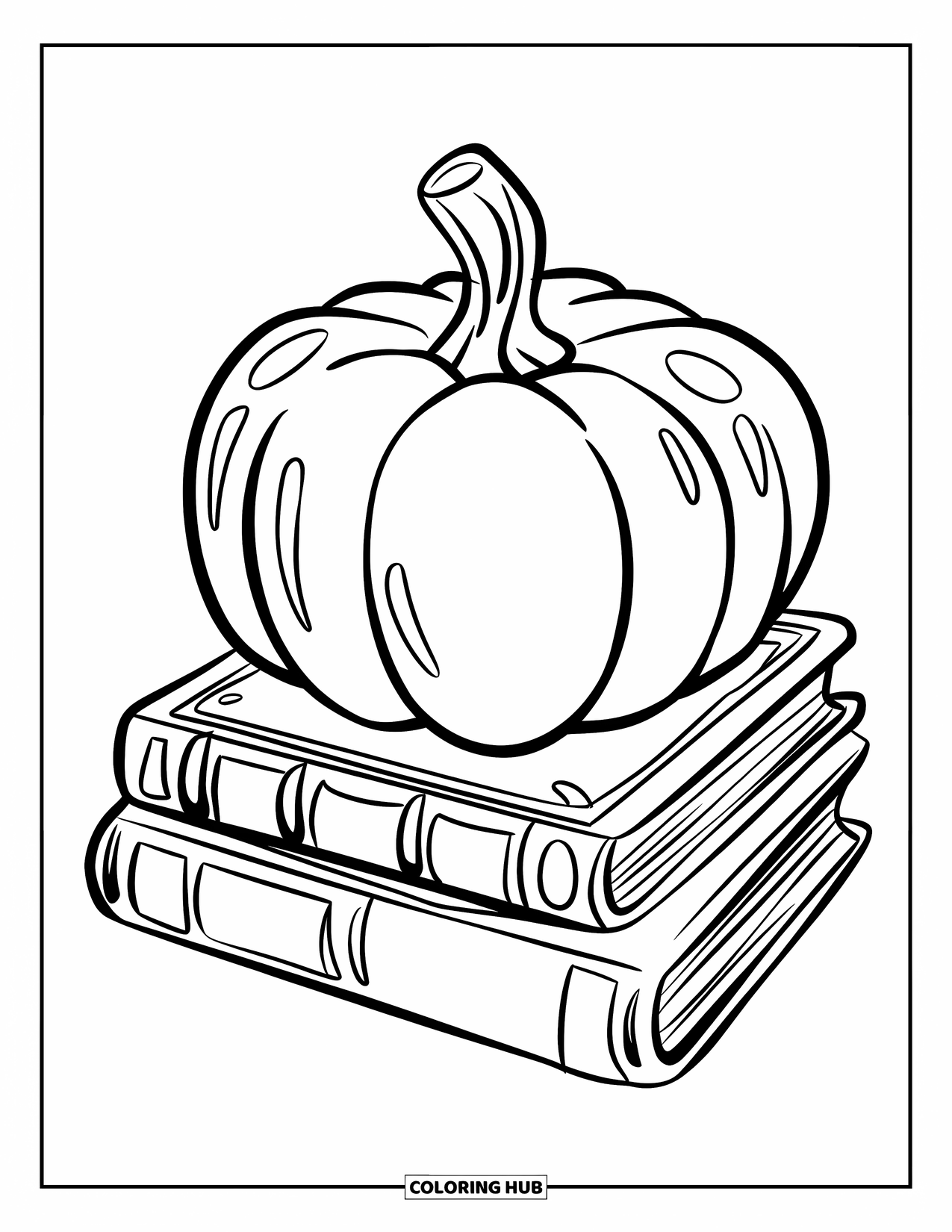 Coloriage de citrouille pour enfants : Citrouille reposant sur des livres sur le thème de l’automne avec des motifs de couverture ludiques