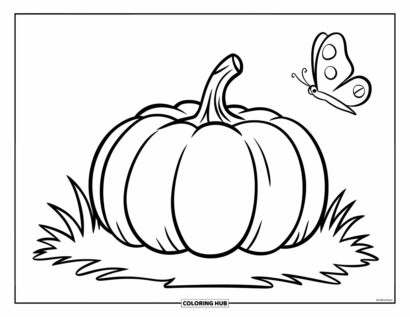 Coloriage de citrouille pour enfants : Citrouille reposant sur l’herbe avec un papillon volant à proximité