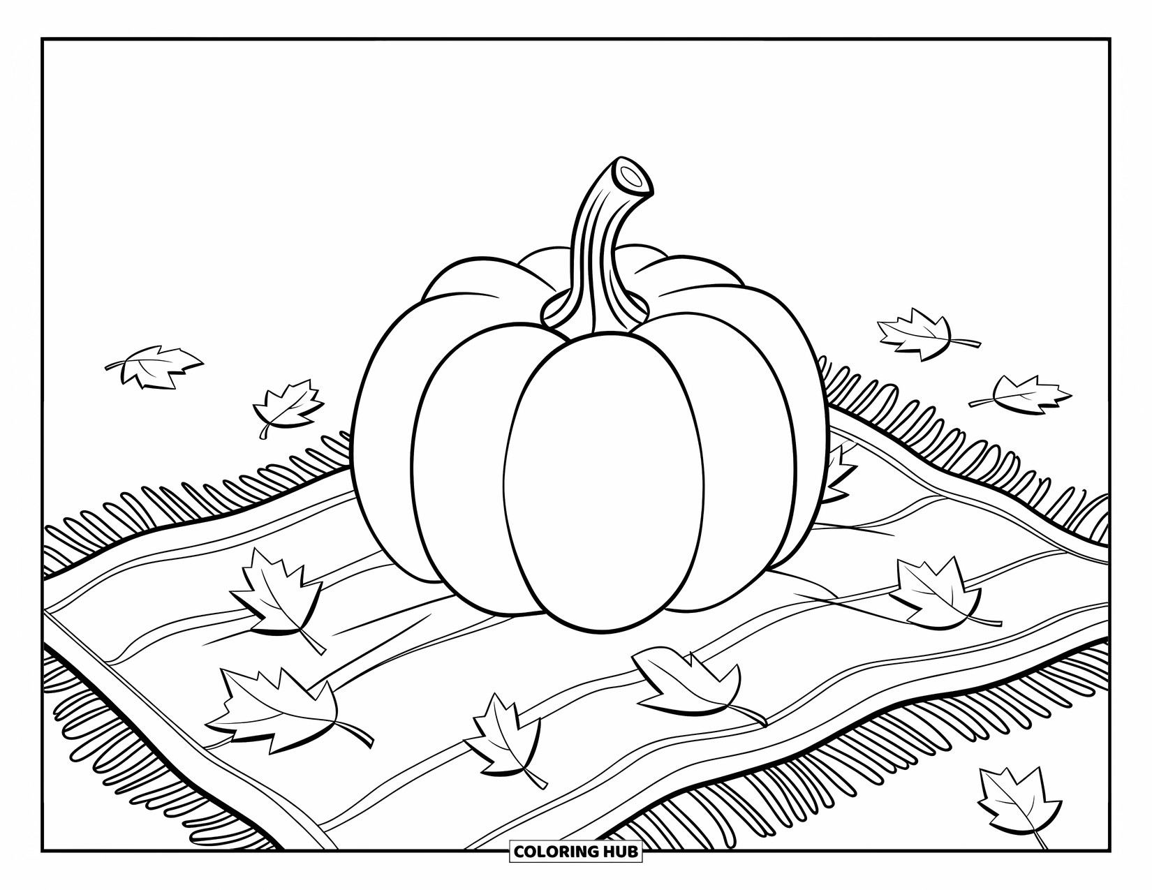 Coloriage de citrouille pour enfants : Citrouille assise sur une couverture avec des feuilles éparpillées autour
