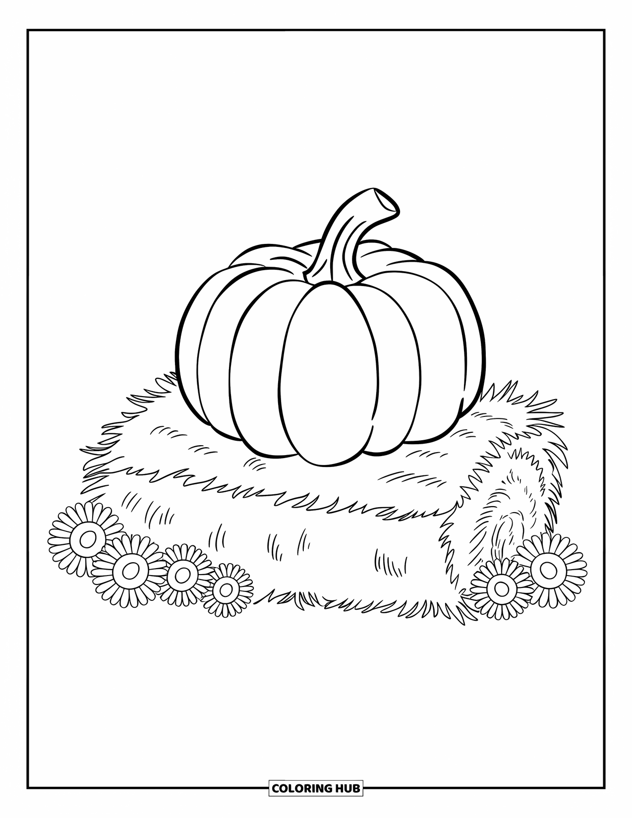 Coloriage de citrouille pour enfants : Citrouille assise sur une botte de foin entourée de petits tournesols