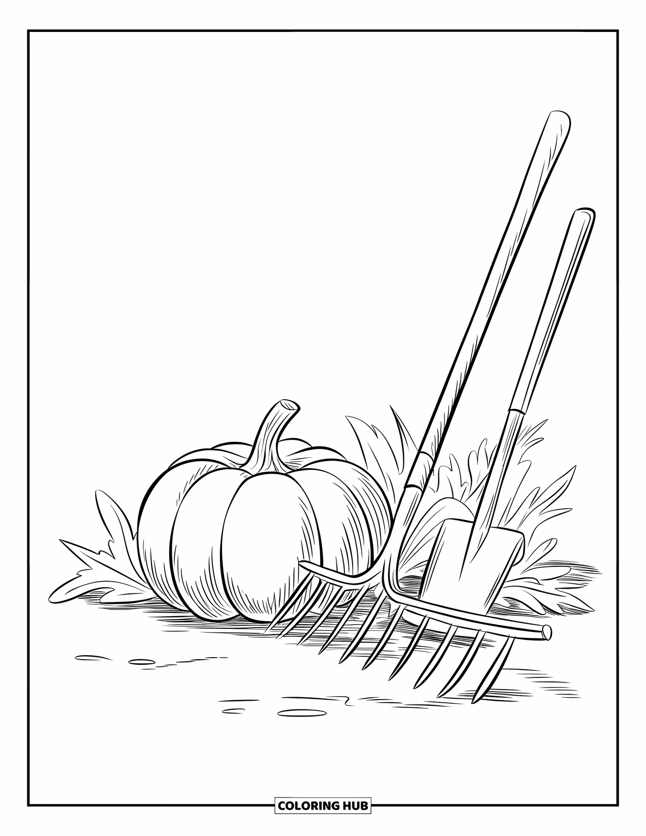 Coloriage de citrouille pour enfants : Citrouille assise sur le sol à côté d’un râteau, d’une pelle et d’une houe