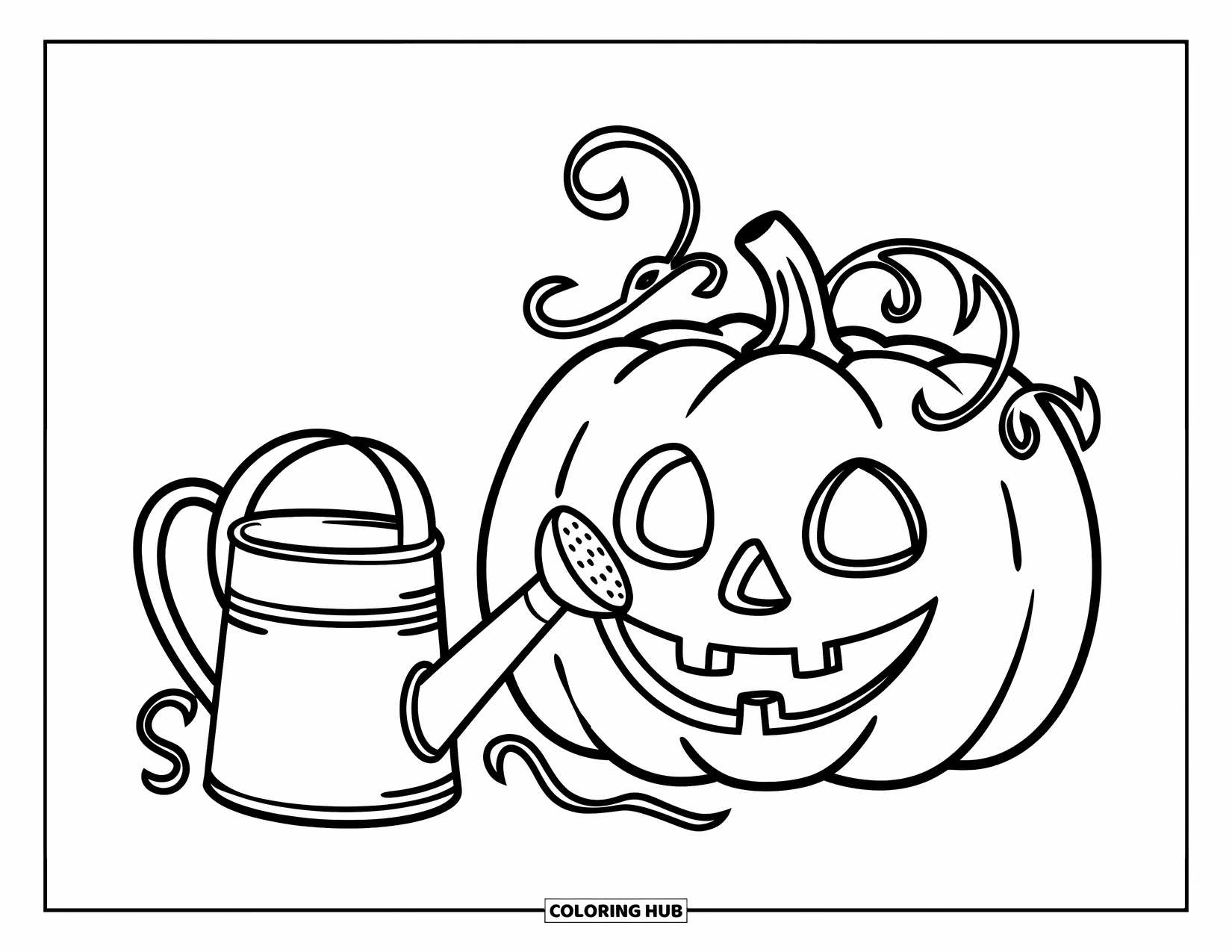Coloriage de citrouille pour enfants : Citrouille avec un visage à côté d’un arrosoir, avec de minuscules vignes rampantes