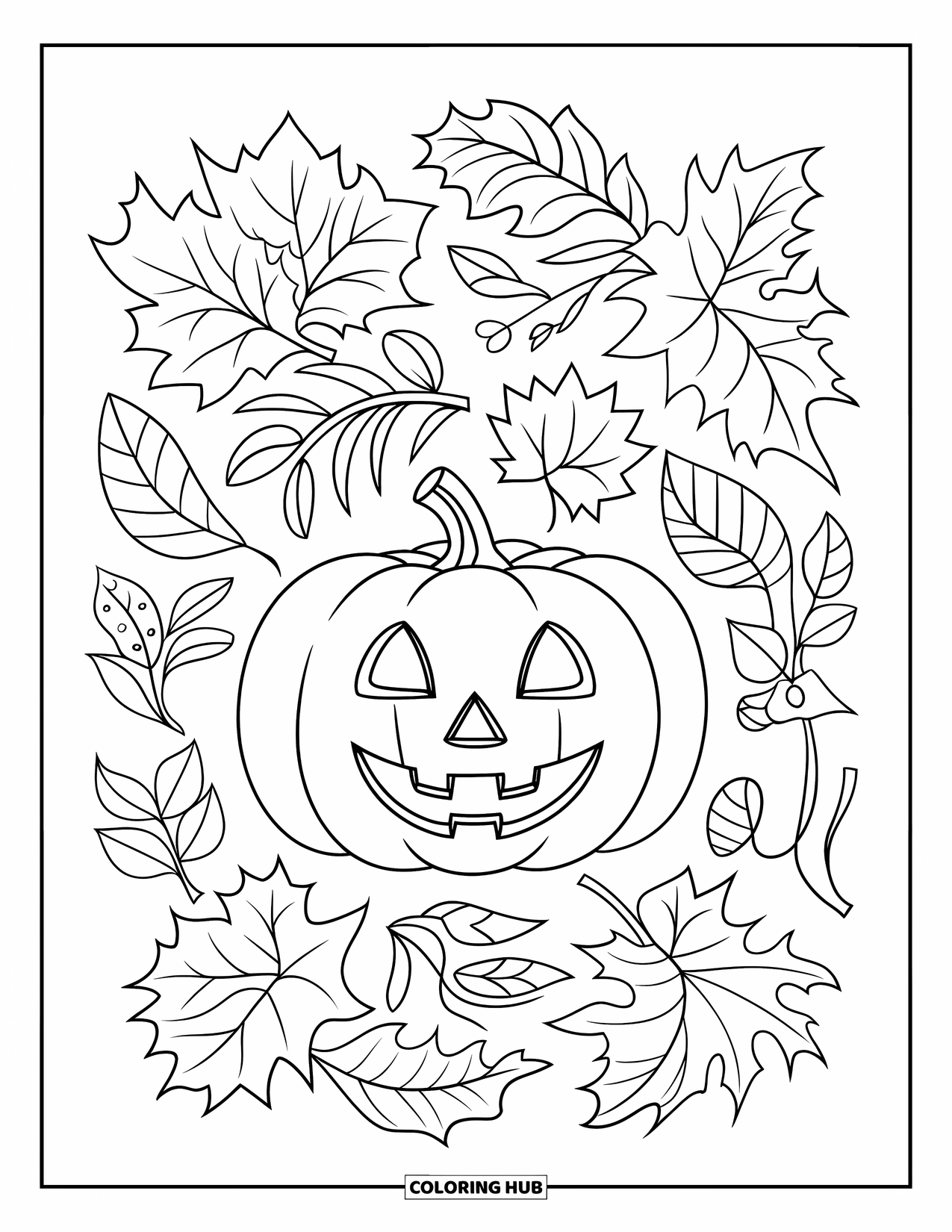Coloriage de citrouille pour enfants : Citrouille avec un visage sur une tige, entourée de feuilles d’automne détaillées