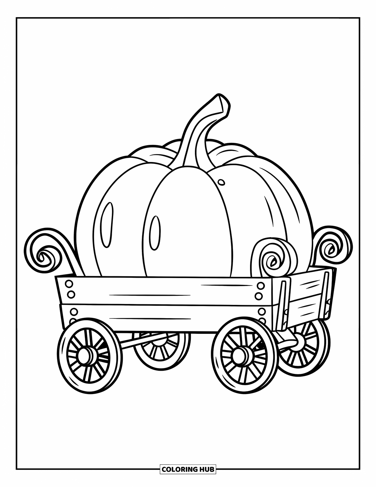Coloriage de citrouille pour enfants : Citrouille avec un visage reposant sur un chariot avec des roues en bois
