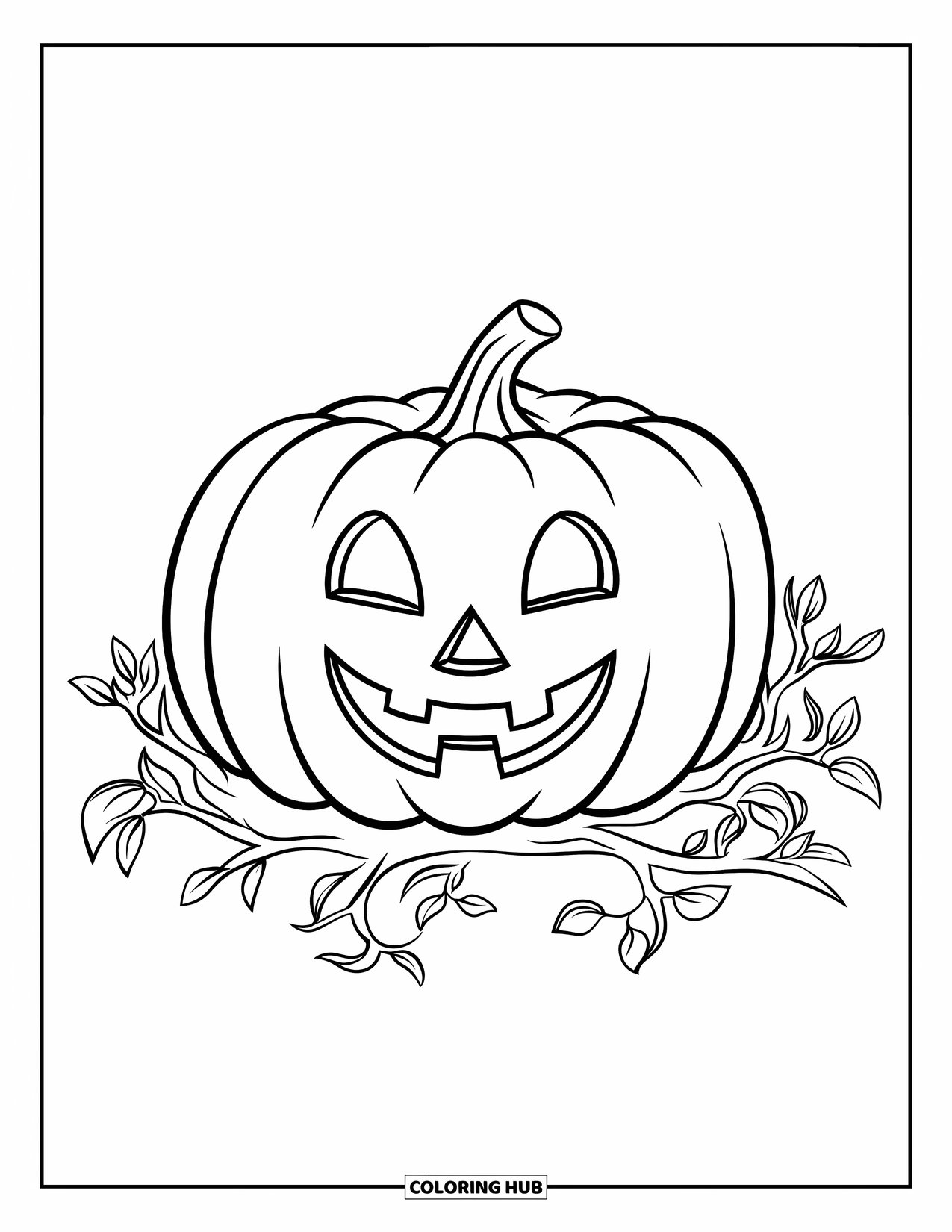 Coloriage de citrouille pour enfants : Citrouille avec un visage reposant sur des branches avec de minuscules feuilles en bourgeon