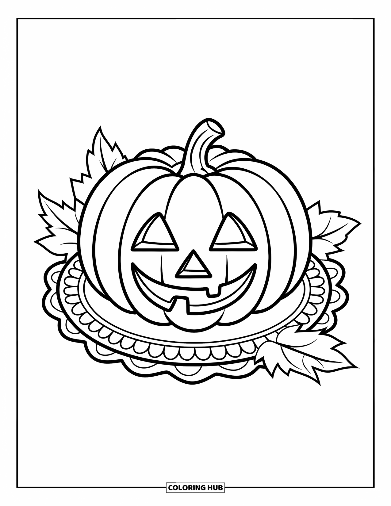Coloriage de citrouille pour enfants : Citrouille avec un visage heureux sur un tapis à motifs de feuilles entourée de feuilles tombées