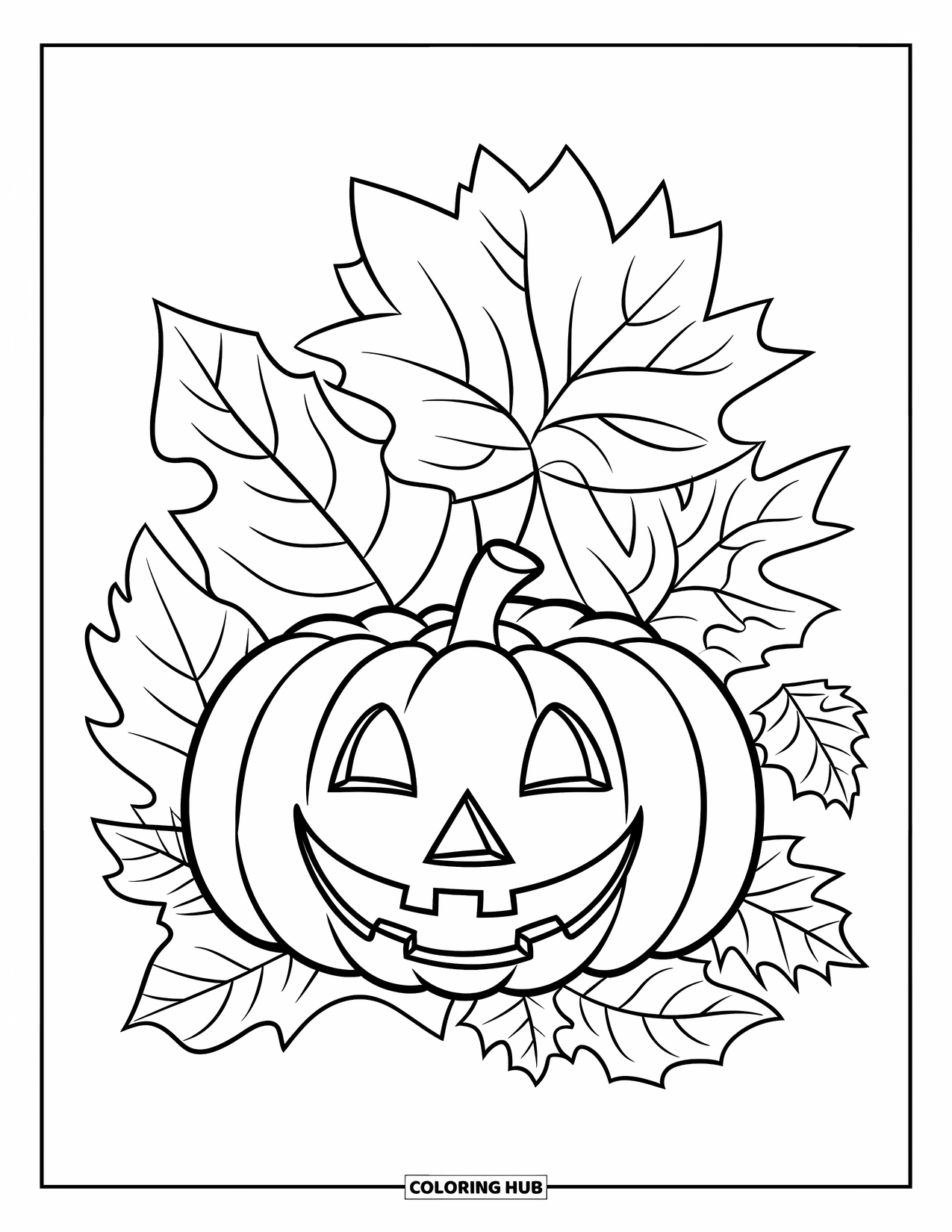Coloriage de citrouille pour enfants : Citrouille avec un visage heureux entourée de feuilles d’automne détaillées