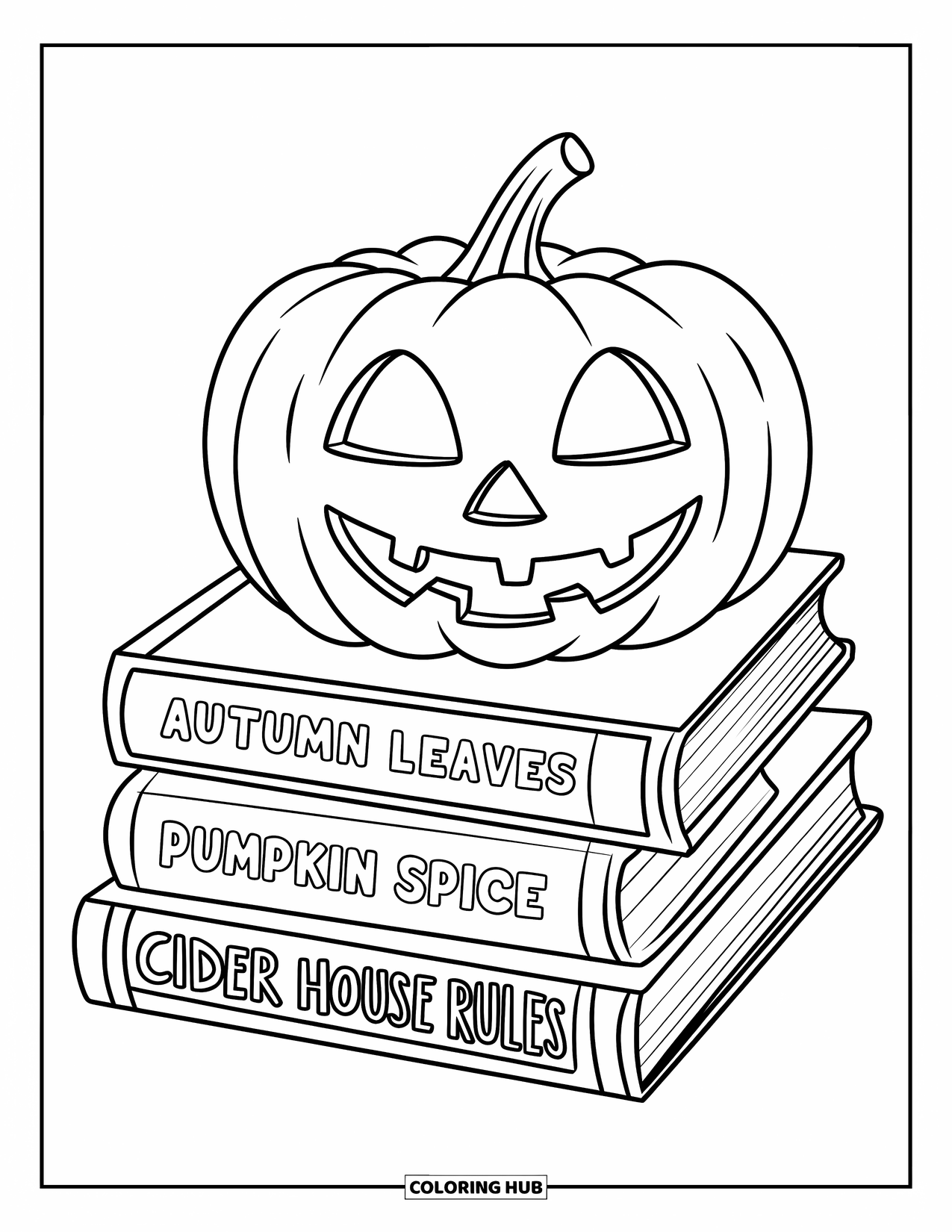Coloriage de citrouille pour enfants : Citrouille avec un visage de lanterne d’Halloween assise sur des livres d’automne empilés