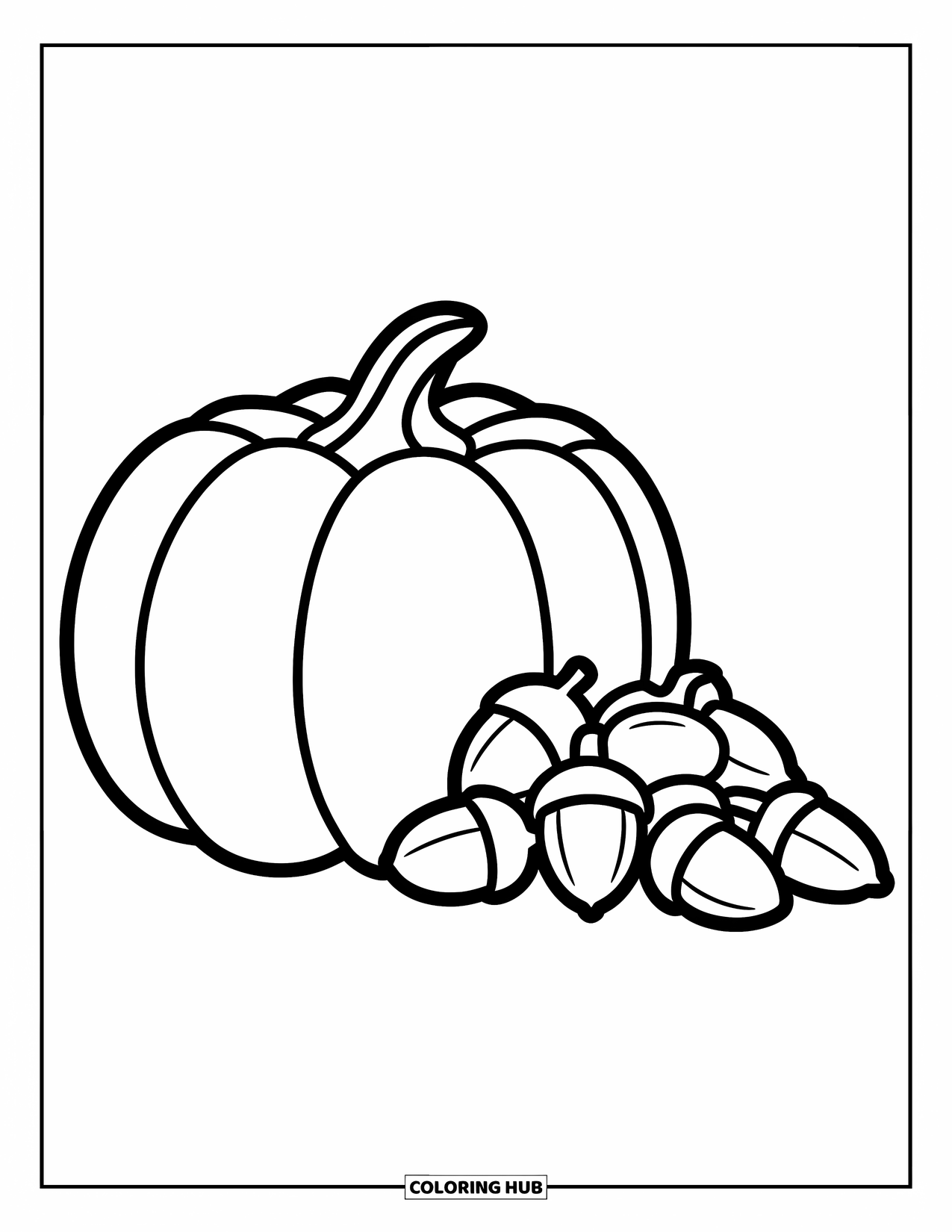 Coloriage de citrouille pour enfants : Citrouille avec une petite tige placée à côté d’un tas de glands