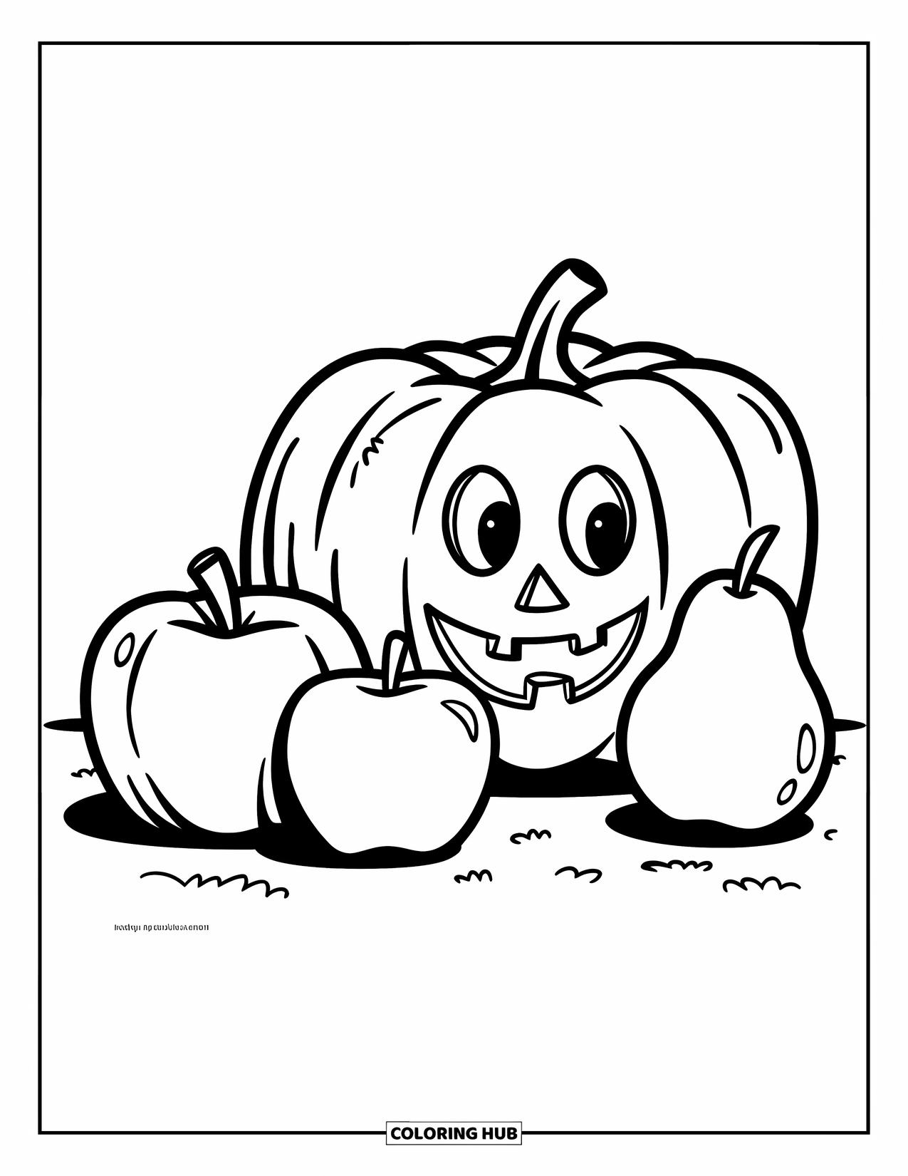 Coloriage de citrouille pour enfants : Citrouille avec un sourire à côté d’une pomme et d’une poire