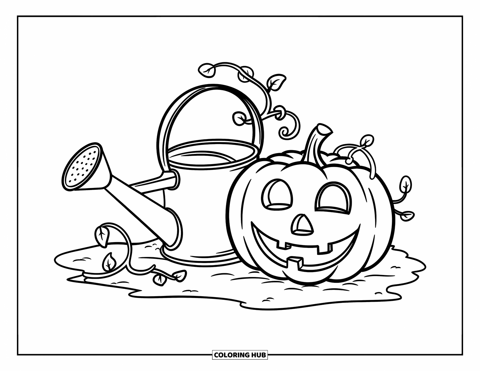 Coloriage de citrouille pour enfants : Citrouille avec un sourire à côté d’un arrosoir sur une parcelle de terre avec des vignes rampantes