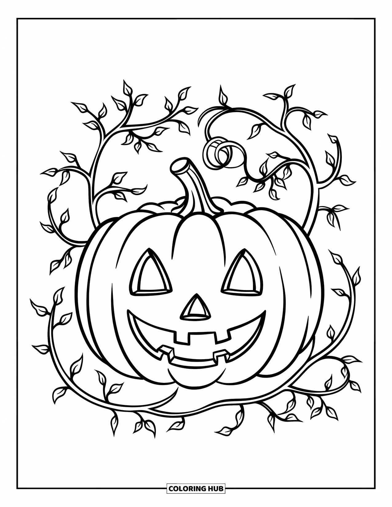 Coloriage de citrouille pour enfants : Citrouille avec un visage souriant entouré de branches en herbe