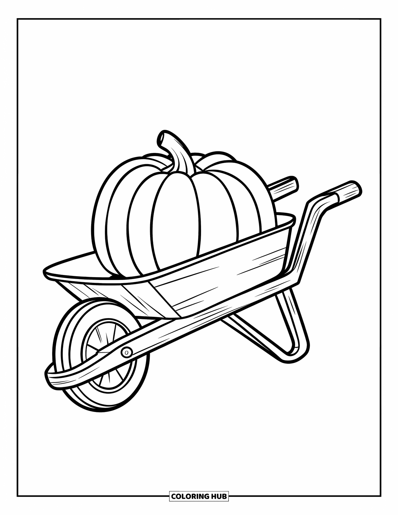 Coloriage de citrouille pour enfants : Citrouille avec une tige placée à côté d’une brouette en bois