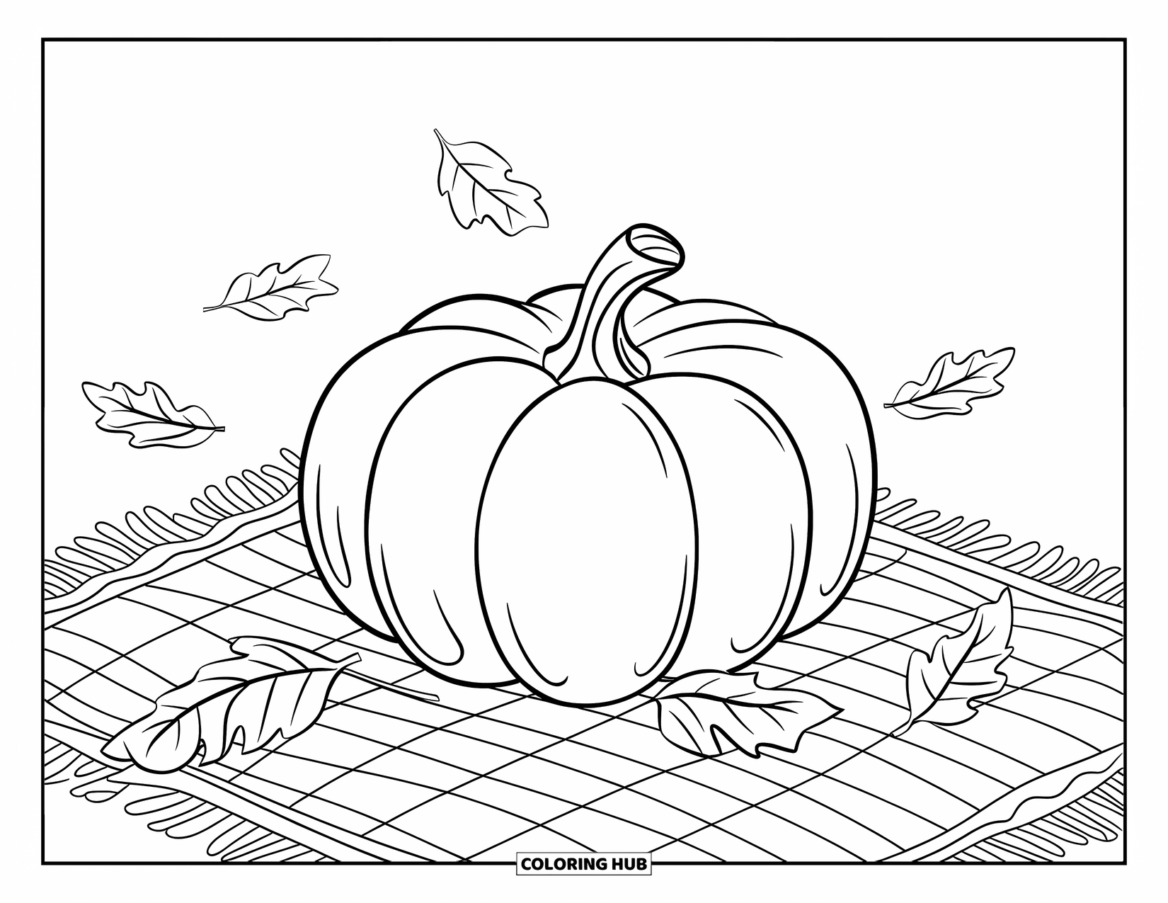 Coloriage de citrouille pour enfants : Citrouille avec une tige reposant sur une couverture tissée avec des feuilles éparpillées