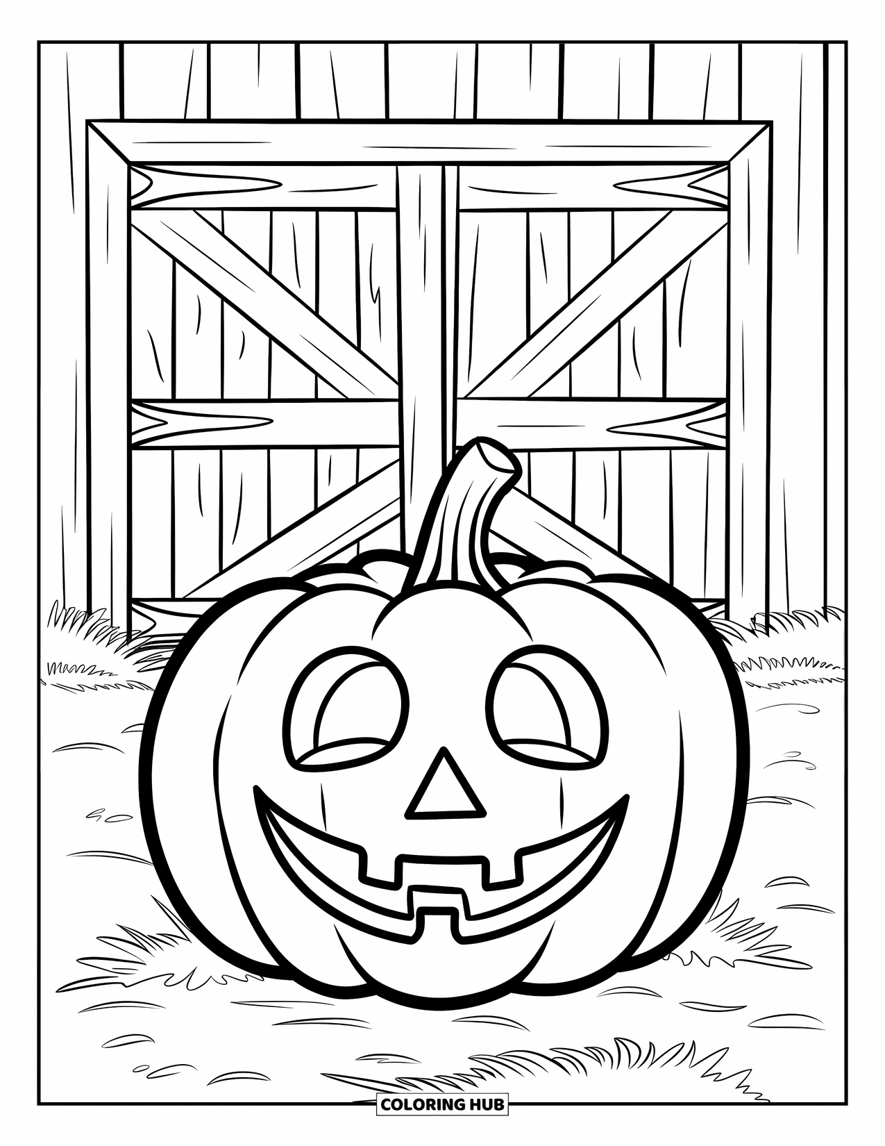 Coloriage de citrouille pour enfants : Citrouille avec un nez triangulaire et un sourire reposant près d’une porte de grange rustique entrouverte