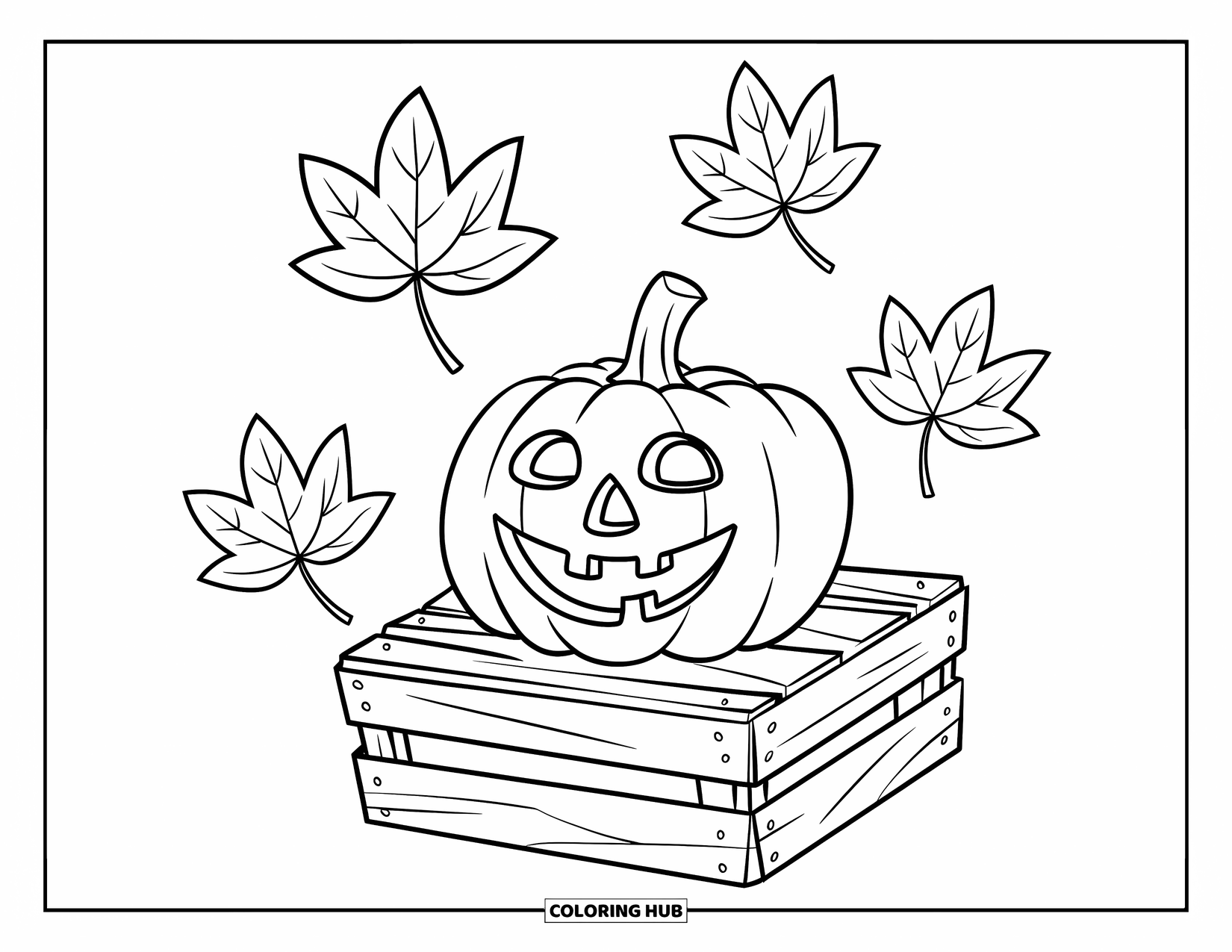 Coloriage de citrouille pour enfants : Citrouille avec un large sourire sur une caisse en bois avec des feuilles d’automne flottantes