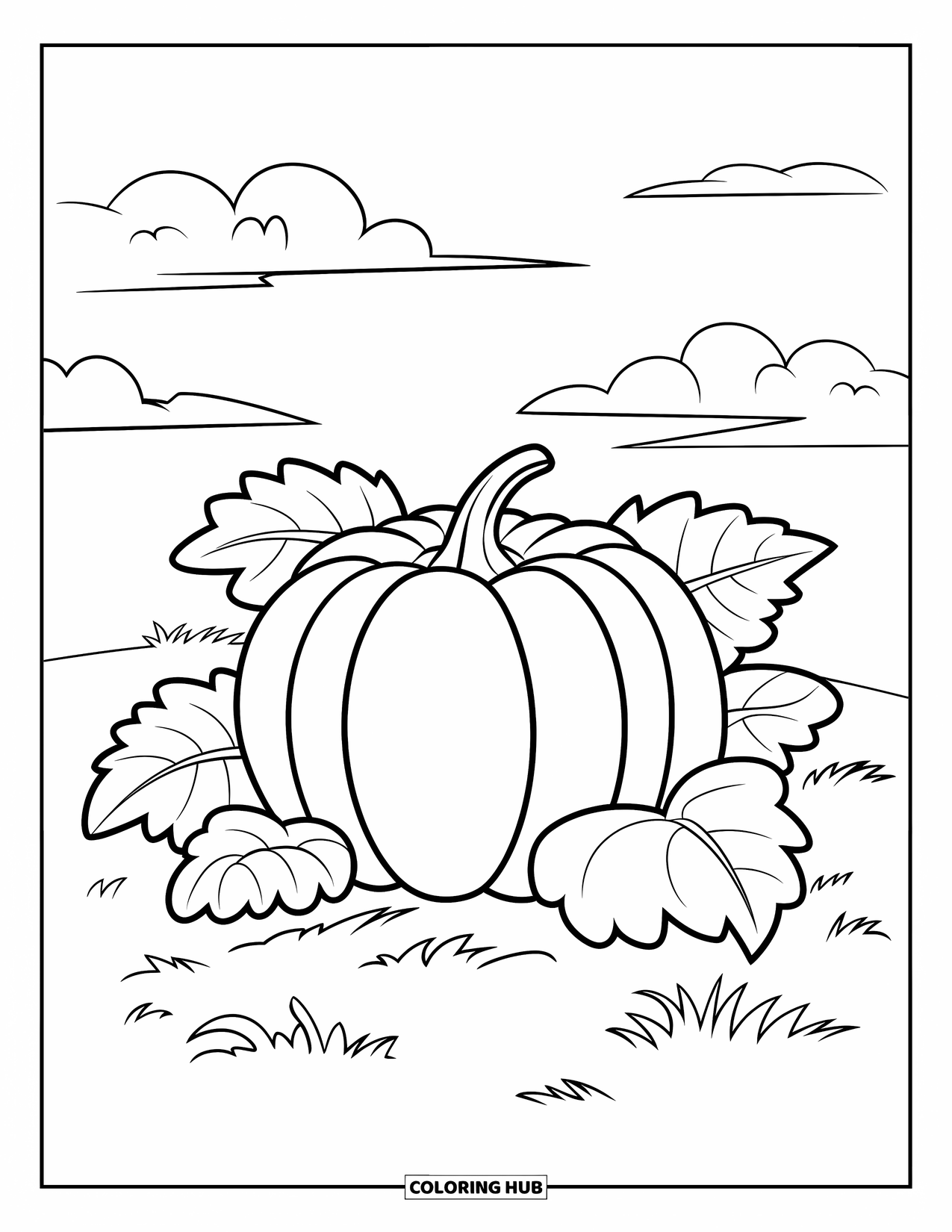 Coloriage de citrouille pour enfants : Citrouille avec des feuilles bouclées assise sur un champ herbeux sous un ciel dégagé