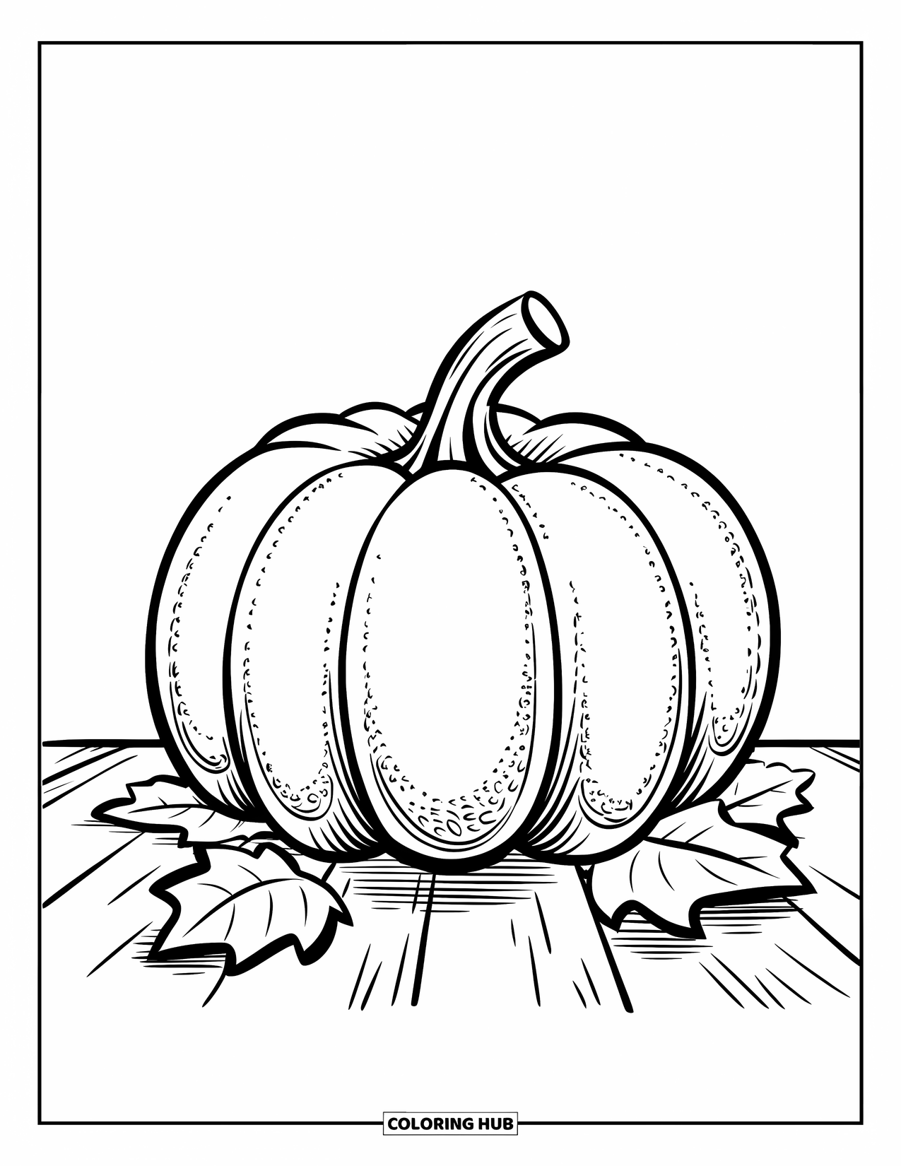 Coloriage de citrouille pour enfants : Citrouille avec des motifs pointillés reposant sur une surface en bois avec des feuilles autour