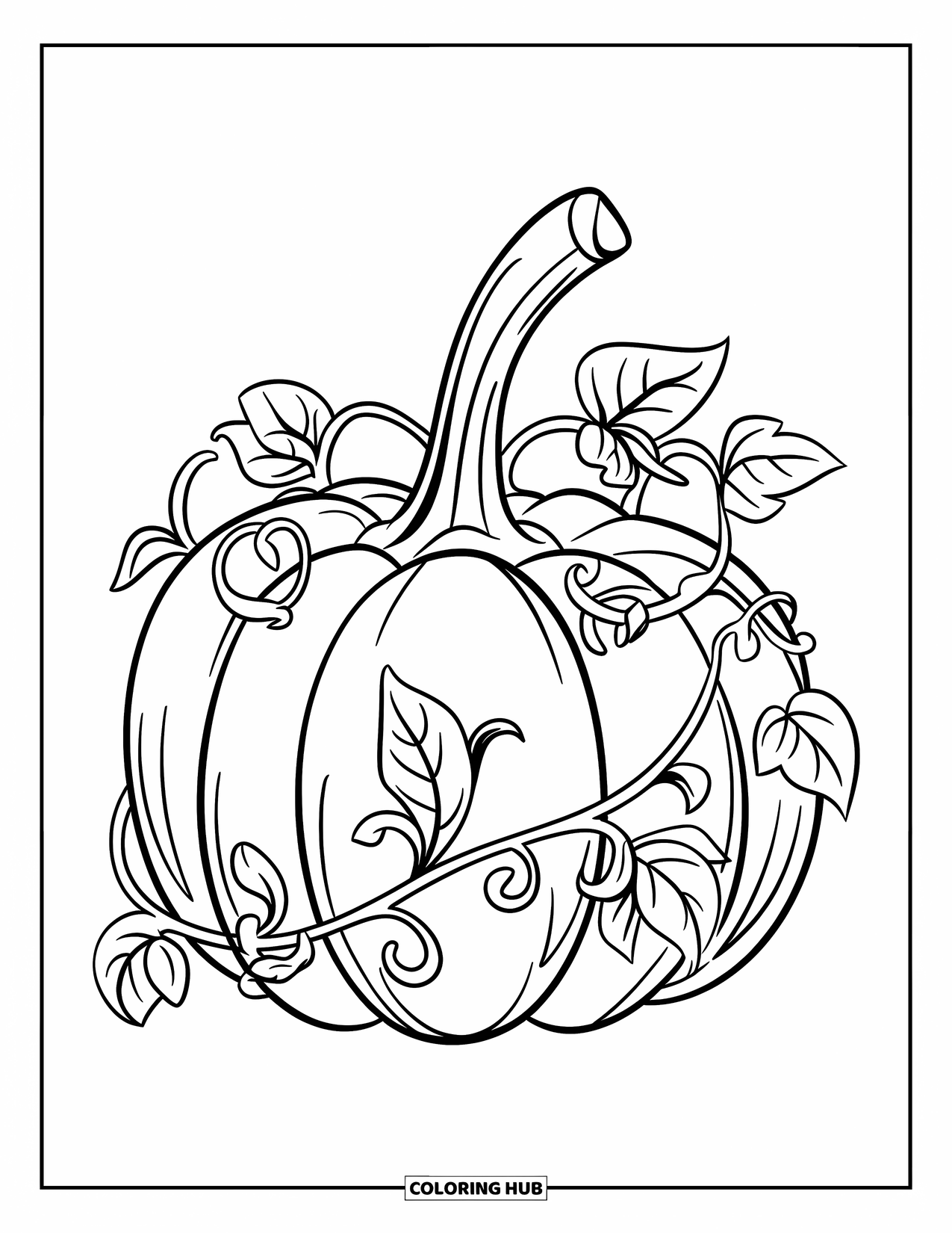 Coloriage de citrouille pour enfants : Citrouille avec des vignes florales remontant la tige et de grandes feuilles rondes