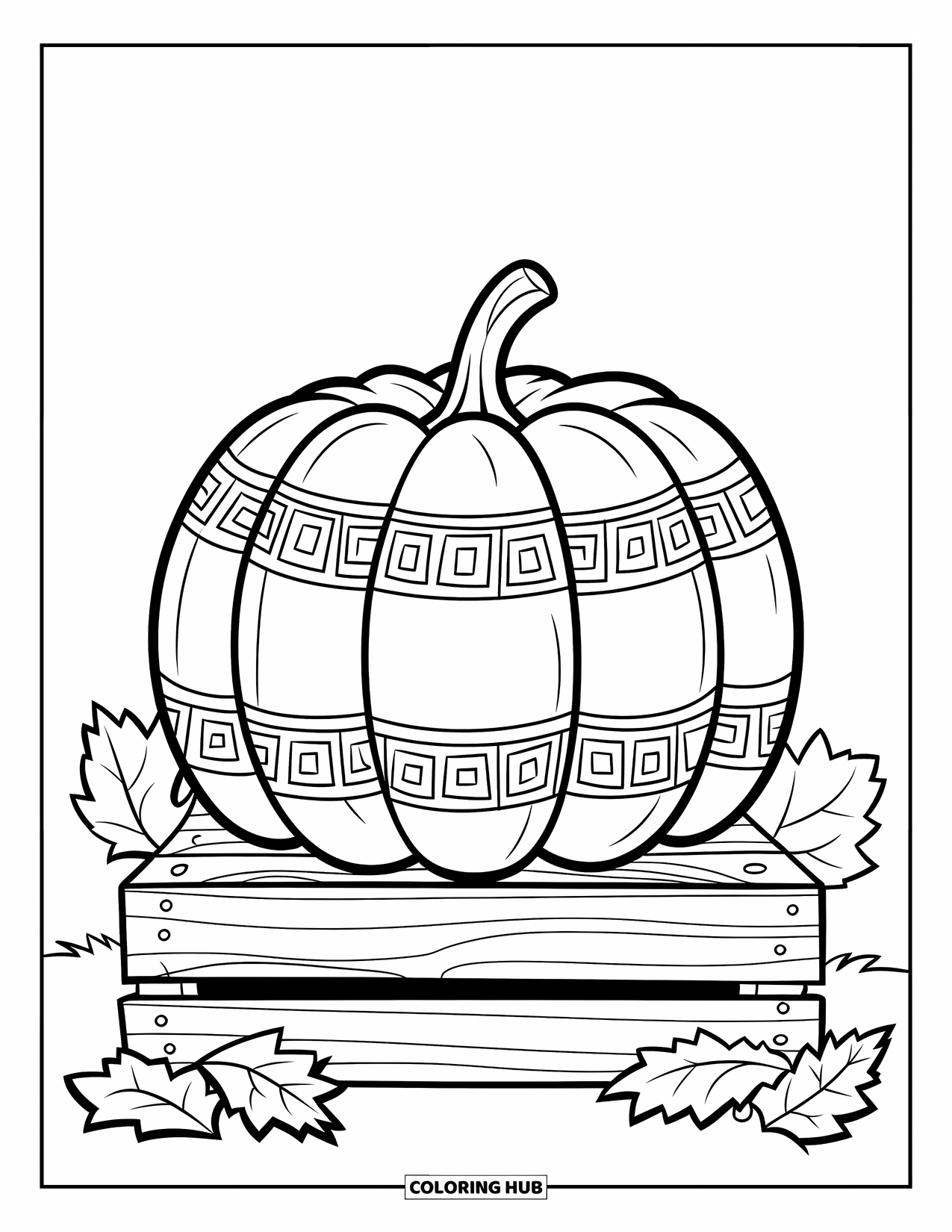Coloriage de citrouille pour enfants : Citrouille avec des motifs géométriques assise sur une caisse avec des feuilles autour