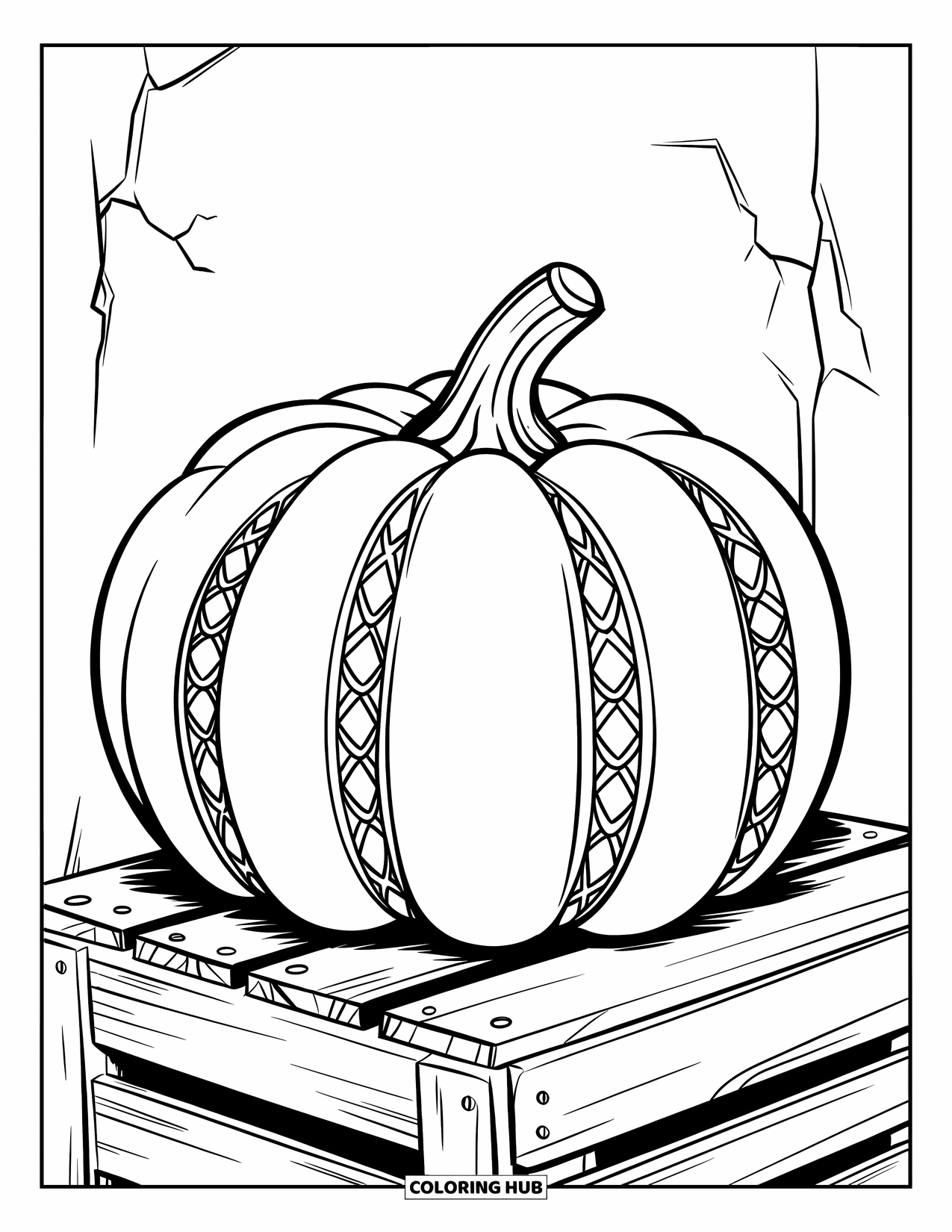Coloriage de citrouille pour enfants : Citrouille avec des motifs géométriques assise sur une caisse en bois