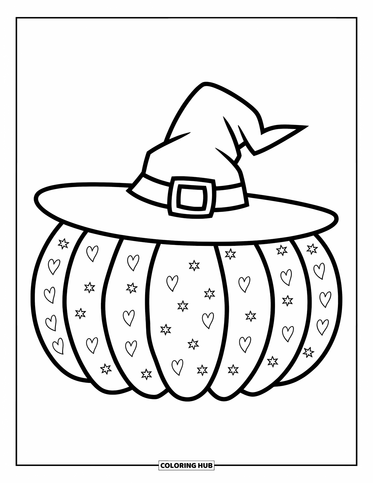 Coloriage de citrouille pour enfants : Citrouille avec des motifs de cœurs et d’étoiles surmontée d’un chapeau de sorcière