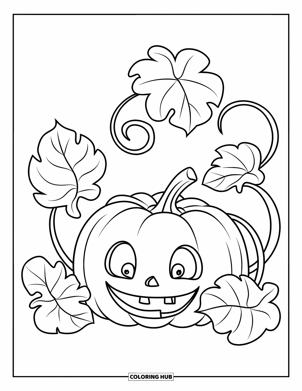 Coloriage de citrouille pour enfants : Citrouille avec des feuilles rondes s’enroulant autour de sa base et un large sourire