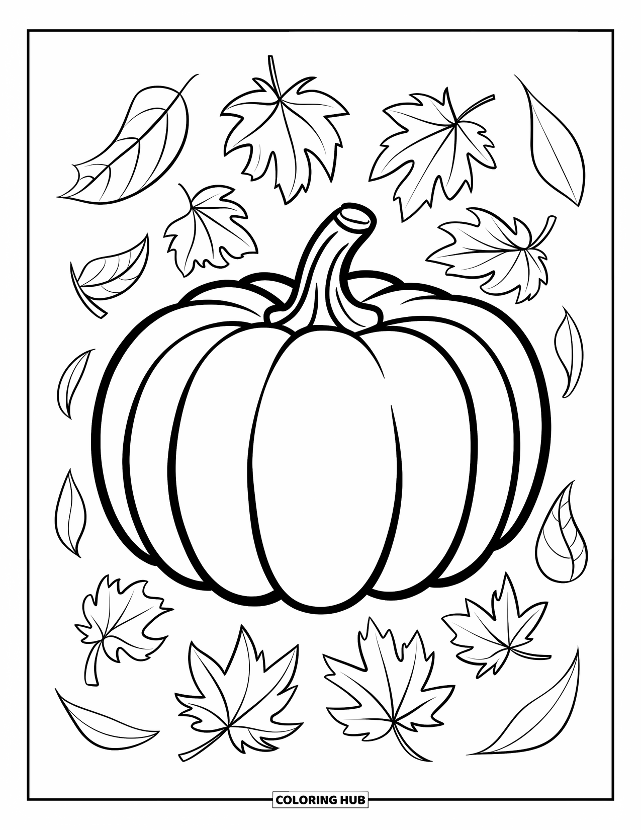 Coloriage de citrouille pour enfants : Citrouille avec des lignes épaisses et des feuilles qui tombent sur un arrière-plan épuré