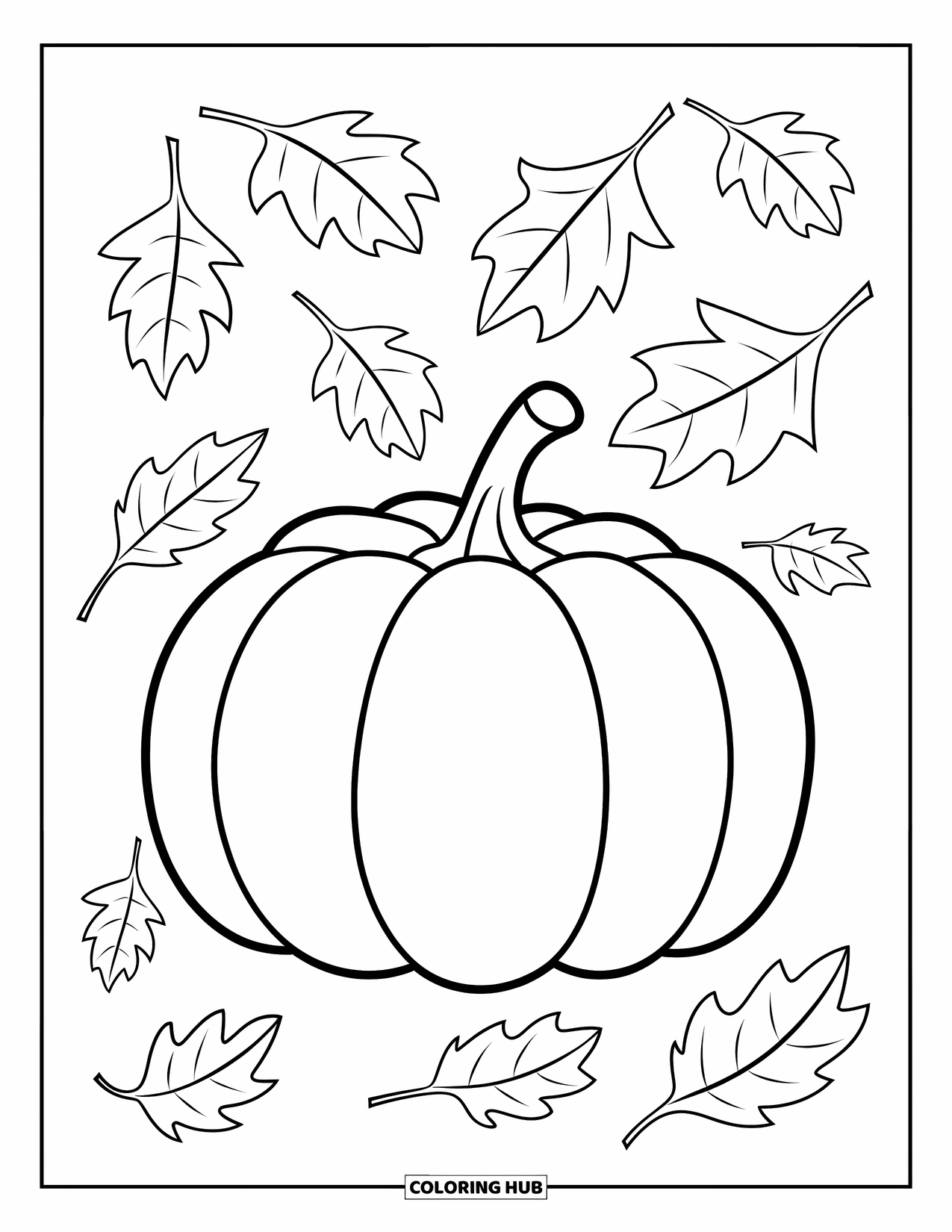 Coloriage de citrouille pour enfants : Citrouille avec des lignes épaisses et des feuilles qui tombent autour