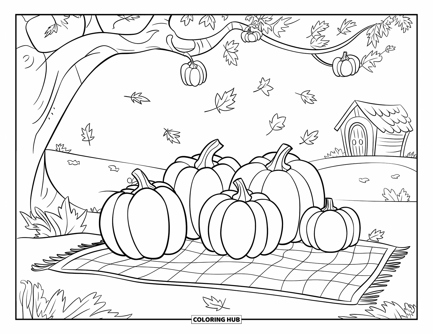 Coloriage de citrouille pour enfants : Citrouilles sur une couverture de pique-nique sous un arbre avec des feuilles tombantes et une petite cabane à proximité