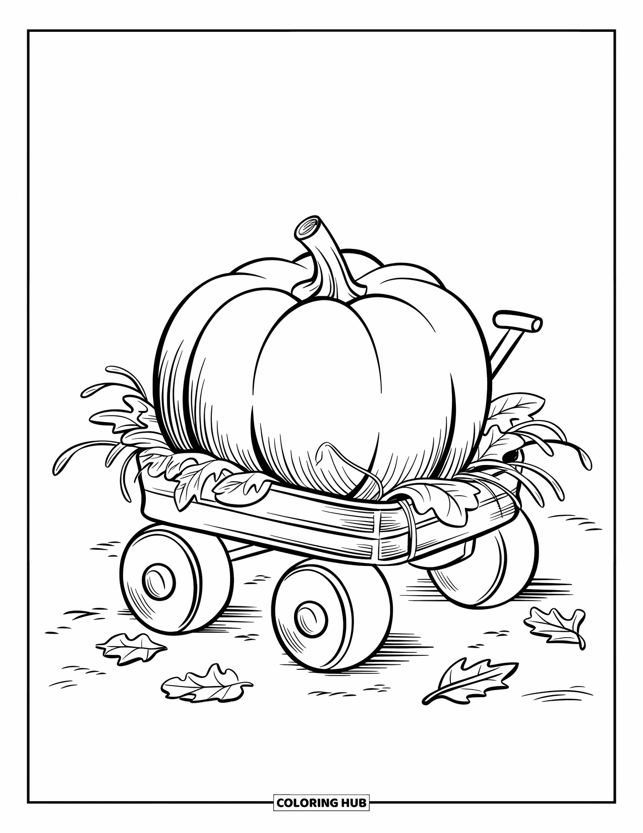Coloriage de citrouille pour enfants : Citrouille ronde avec un large bord dans un chariot entouré de feuilles éparpillées