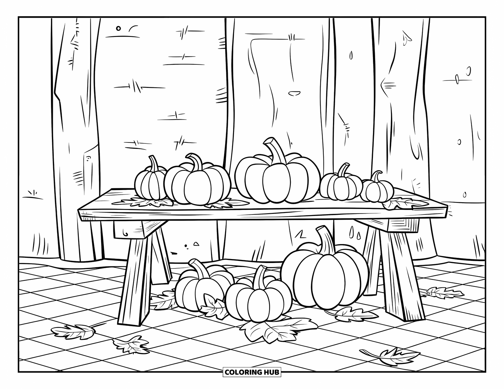 Coloriage de citrouille pour enfants : Table rustique avec des citrouilles, des feuilles éparpillées et un fond de sol à carreaux