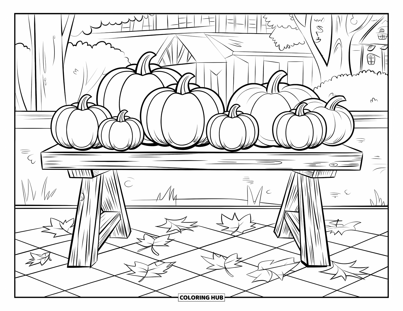 Coloriage de citrouille pour enfants : Table rustique en bois avec des citrouilles et des feuilles de papier éparpillées sur un sol à carreaux