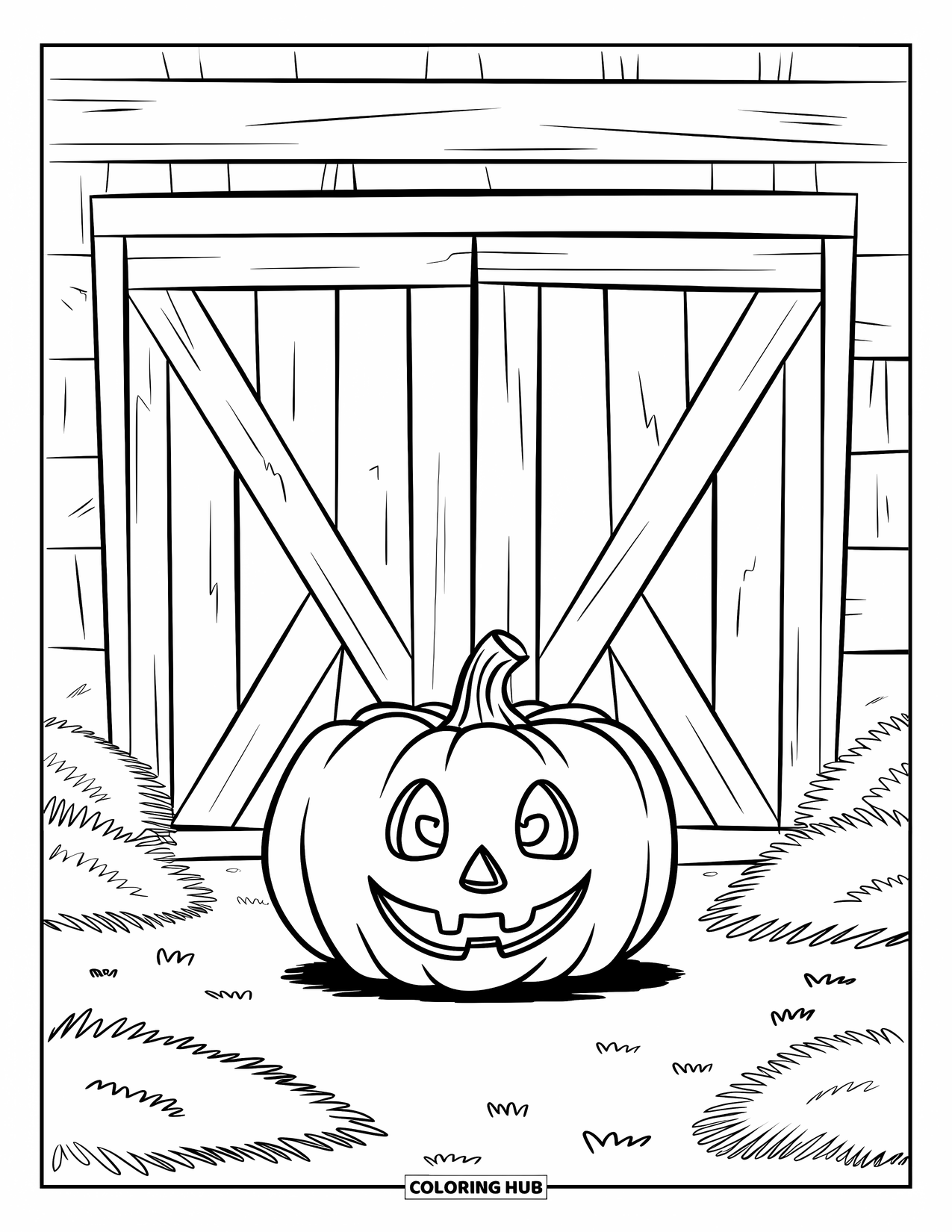Coloriage de citrouille pour enfants : Citrouille souriante devant une porte de grange avec des fissures et du foin sur le sol