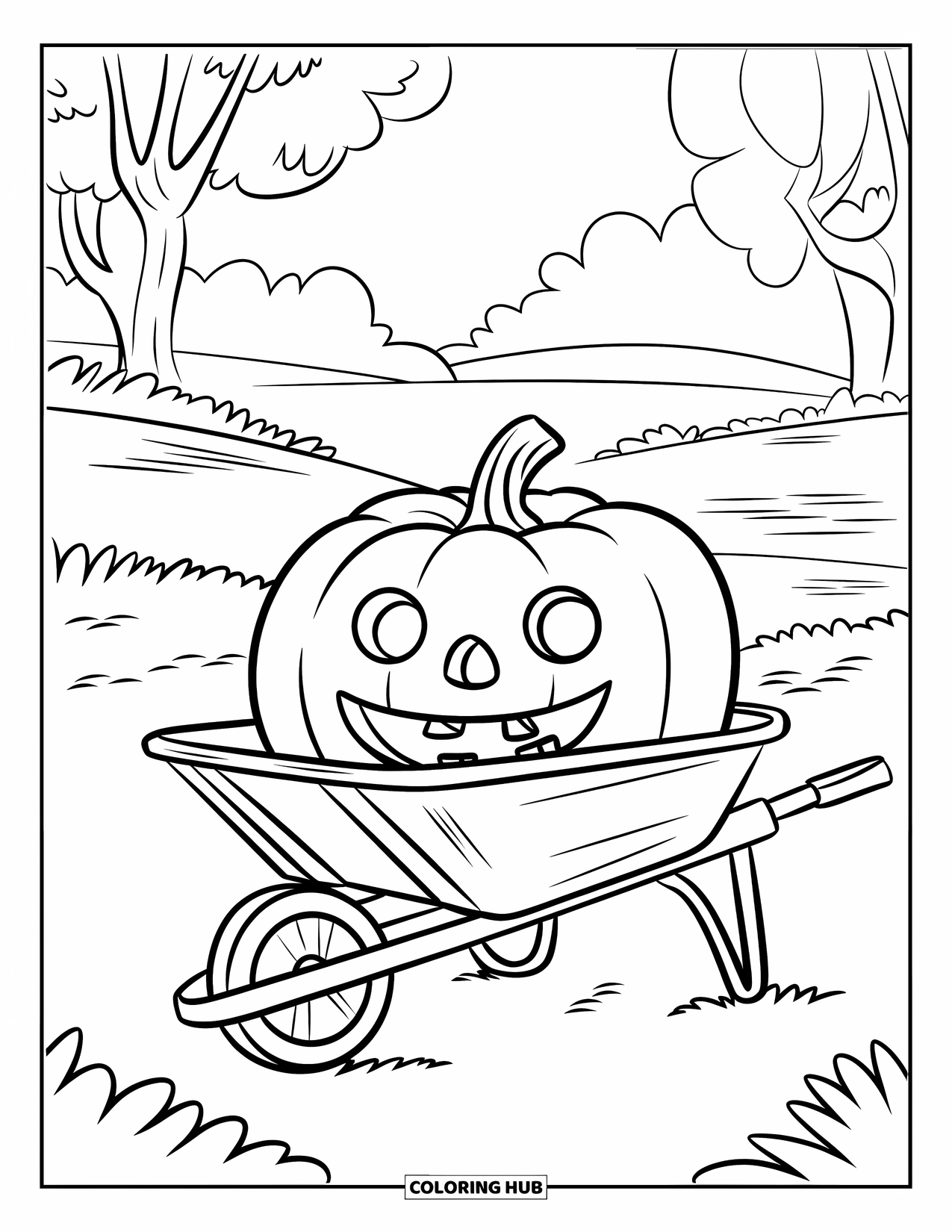 Coloriage de citrouille pour enfants : Citrouille souriante près d’une brouette en bois, sur fond de paysage serein
