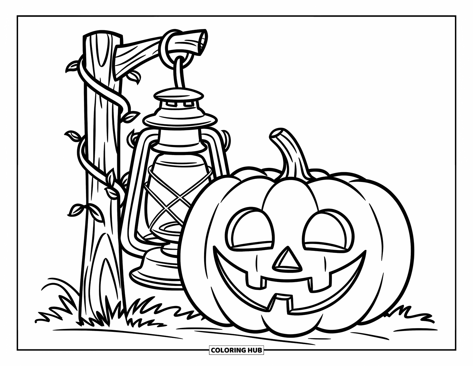 Coloriage de citrouille pour enfants : Citrouille souriante près d’une lanterne à l’ancienne suspendue à un poteau en bois