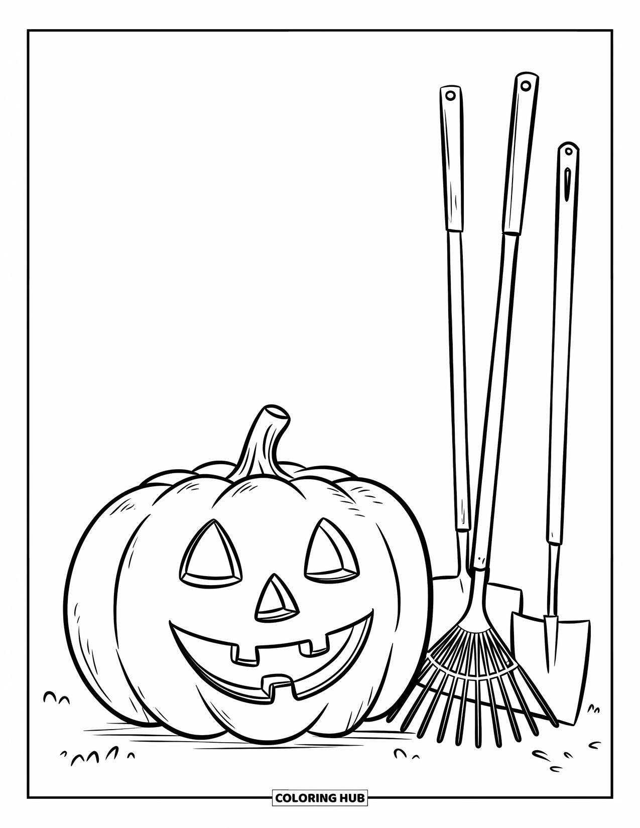 Coloriage de citrouille pour enfants : Citrouille souriante près d’outils de jardin, notamment un râteau, une pelle et une houe