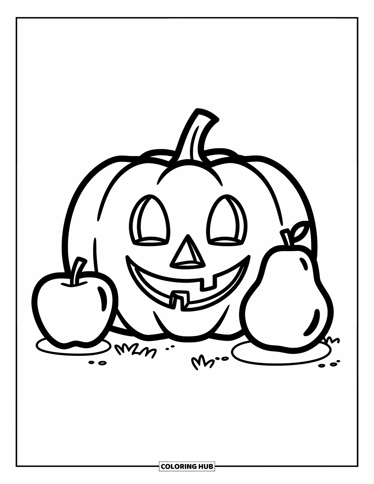Coloriage de citrouille pour enfants : Citrouille souriante à côté d’une pomme et d’une poire sur le sol