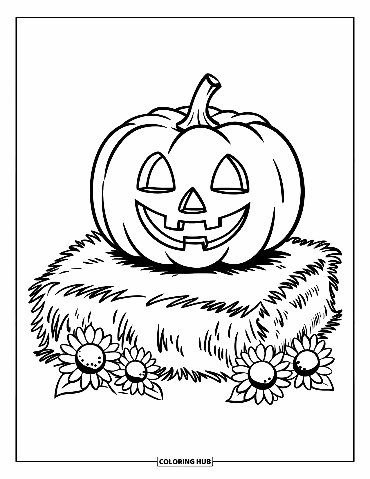 Coloriage de citrouille pour enfants : Citrouille souriante sur une botte de foin avec de petits tournesols autour
