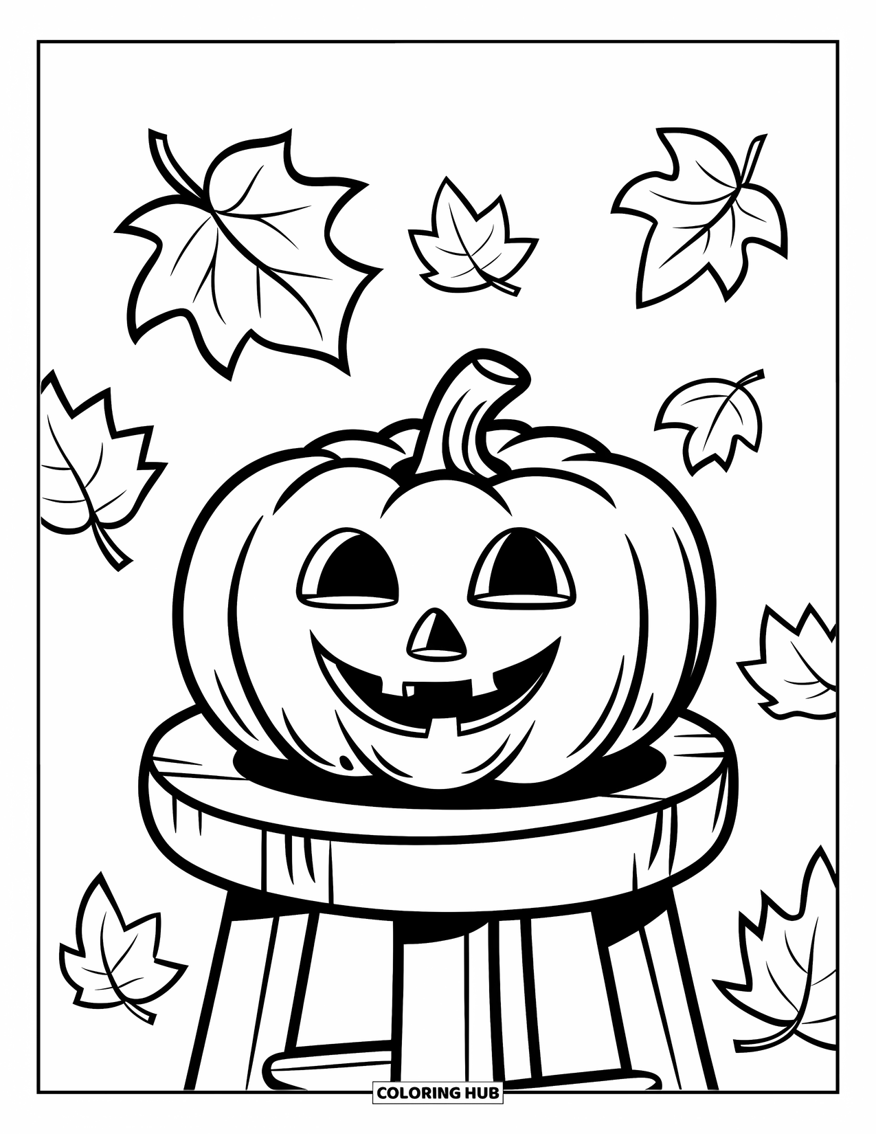 Coloriage de citrouille pour enfants : Citrouille souriante sur un tabouret rond avec des feuilles flottant à proximité