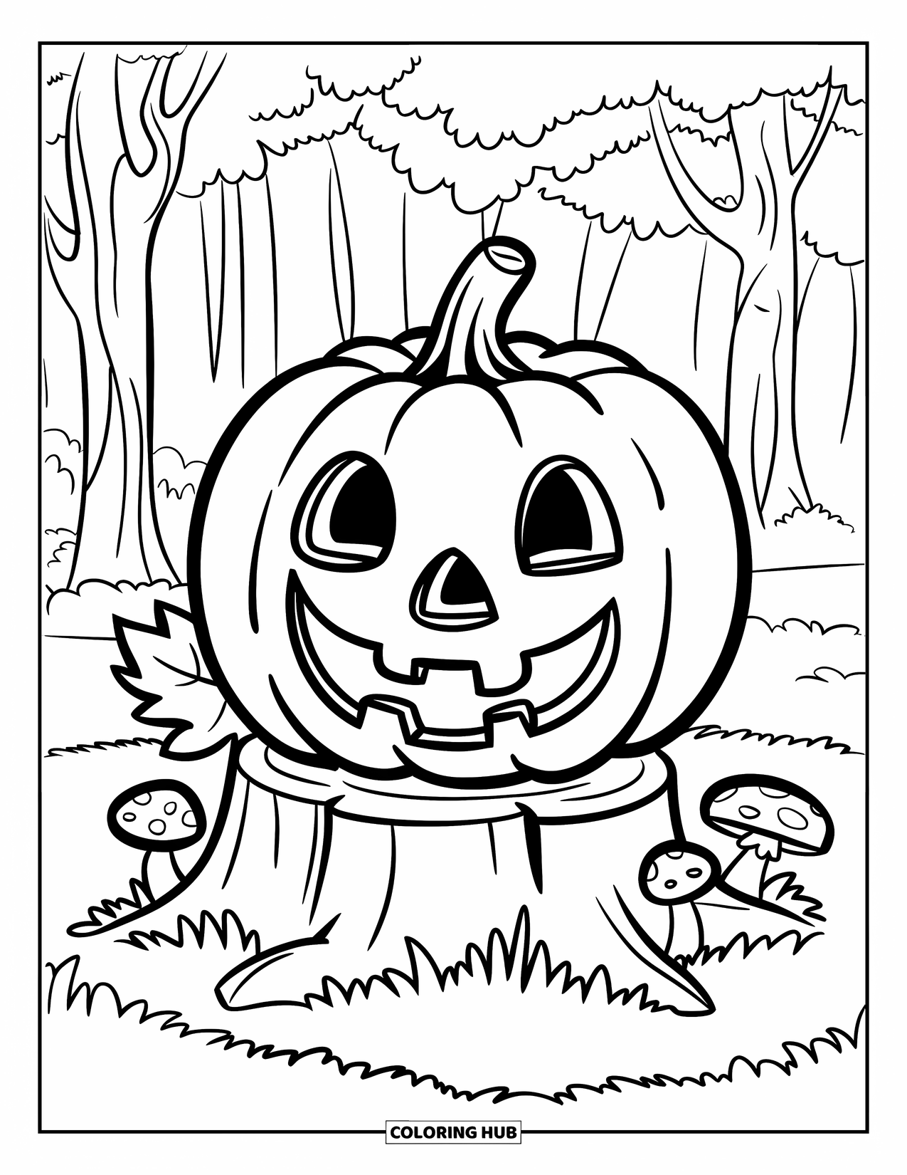 Coloriage de citrouille pour enfants : Citrouille souriante sur une souche d’arbre avec des champignons et une feuille à proximité