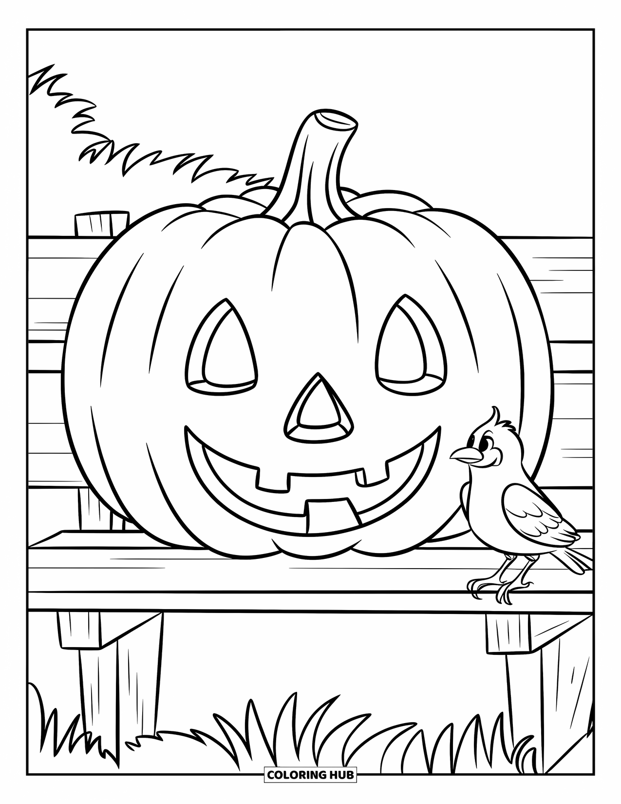 Coloriage de citrouille pour enfants : Citrouille souriante sur un banc en bois avec un oiseau perché à côté