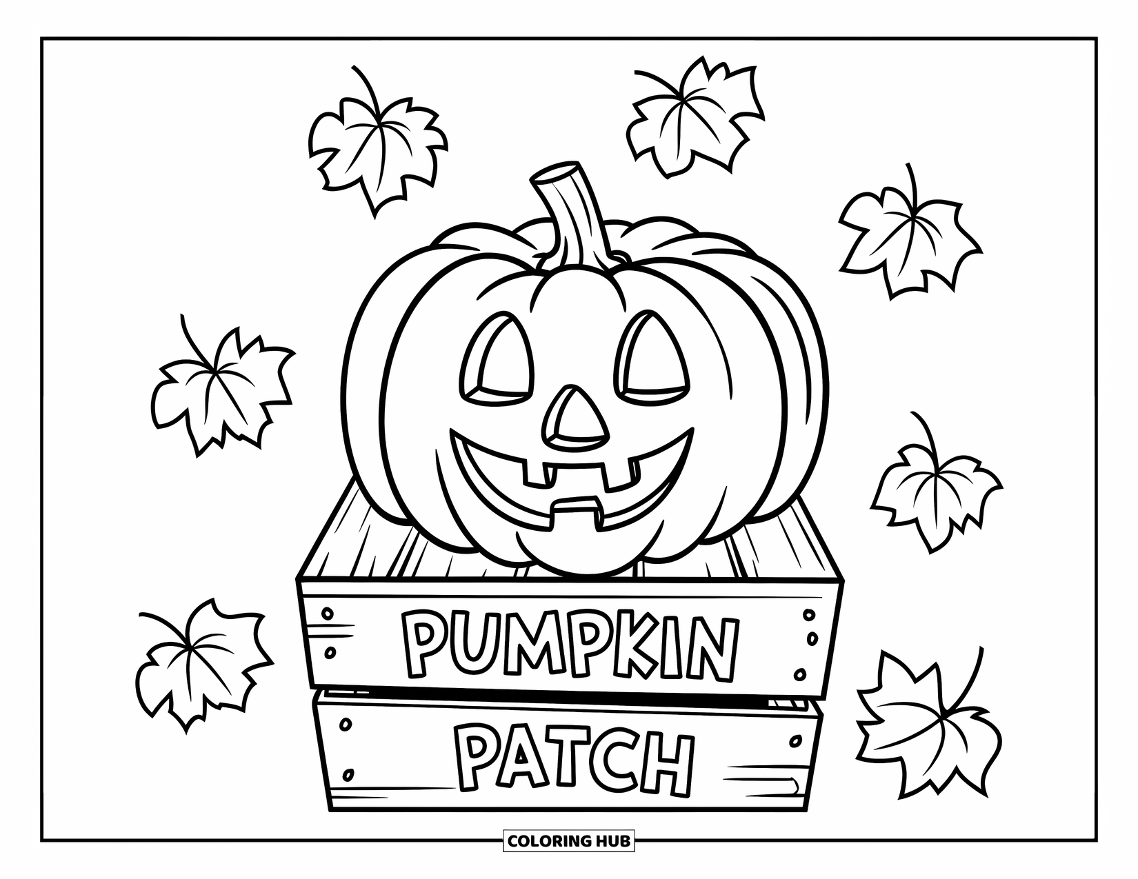 Coloriage de citrouille pour enfants : Citrouille souriante sur une caisse en bois avec des feuilles d’automne flottantes en forme de cœur