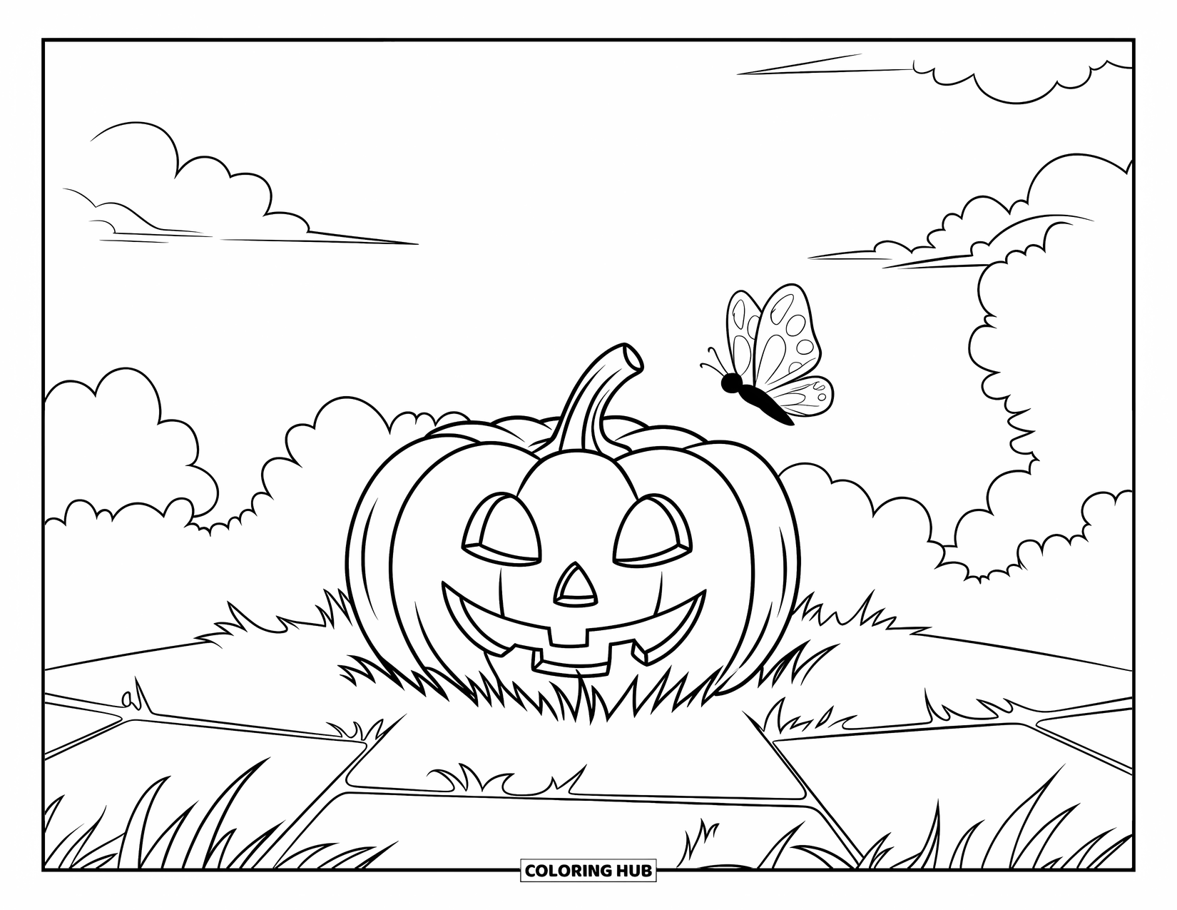 Coloriage de citrouille pour enfants : Citrouille souriante sur l’herbe avec un papillon et un ciel clair