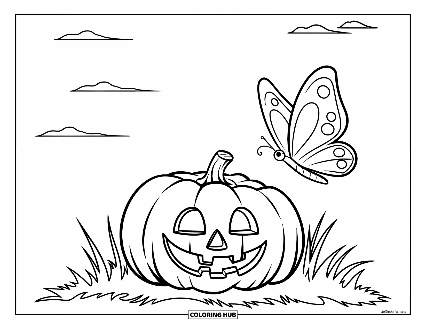 Coloriage de citrouille pour enfants : Citrouille souriante sur l’herbe avec un papillon et quelques brins pointus