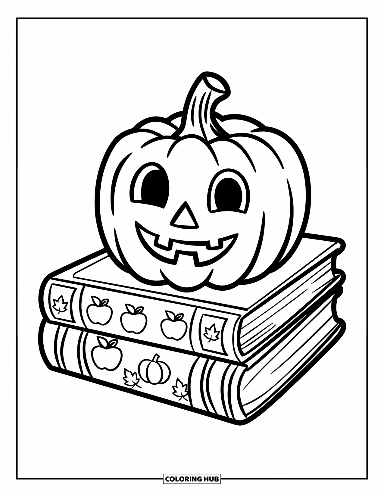 Coloriage de citrouille pour enfants : Citrouille souriante reposant sur des livres empilés avec des couvertures sur le thème de l’automne