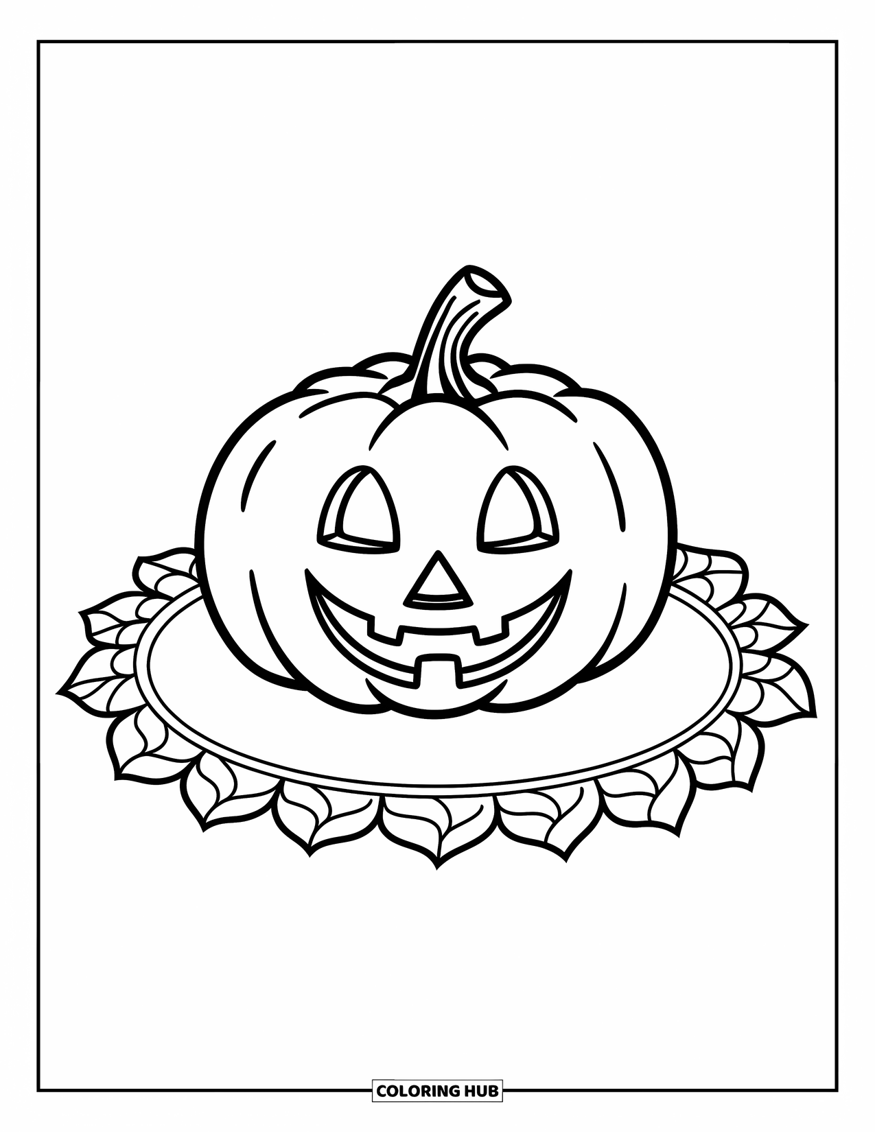 Coloriage de citrouille pour enfants : Citrouille souriante assise sur un tapis circulaire avec des bords à motifs de feuilles