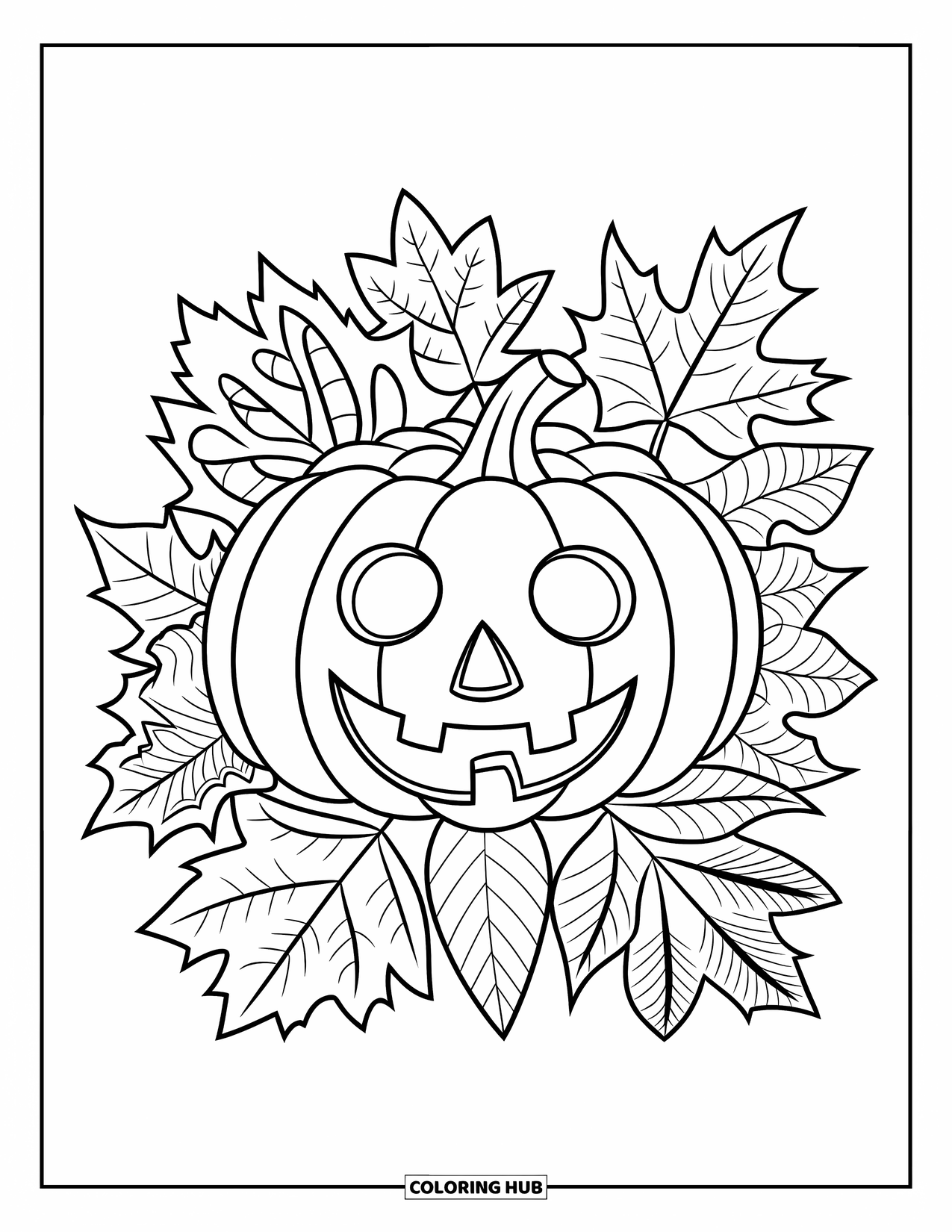 Coloriage de citrouille pour enfants : Citrouille souriante avec des feuilles complexes de formes et de motifs variés autour