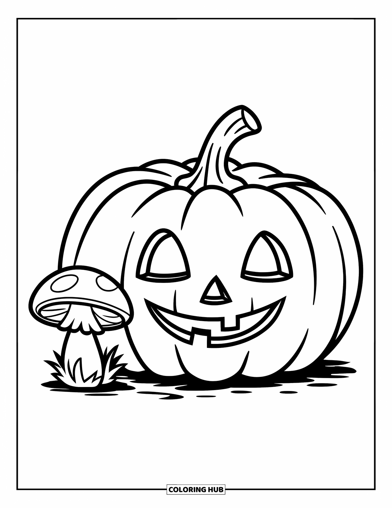 Coloriage de citrouille pour enfants : Citrouille souriante avec des yeux en forme de feuille et un champignon à proximité