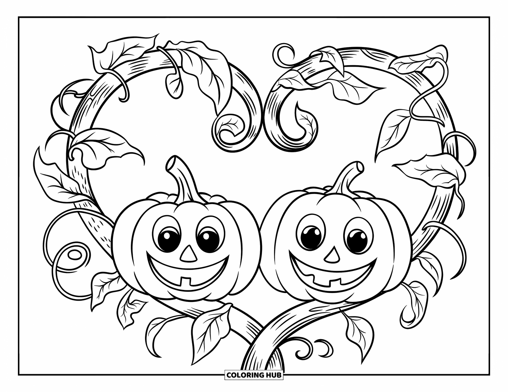 Coloriage de citrouille pour enfants : Citrouilles souriantes avec des vignes en forme de cœur s’enroulant entre elles